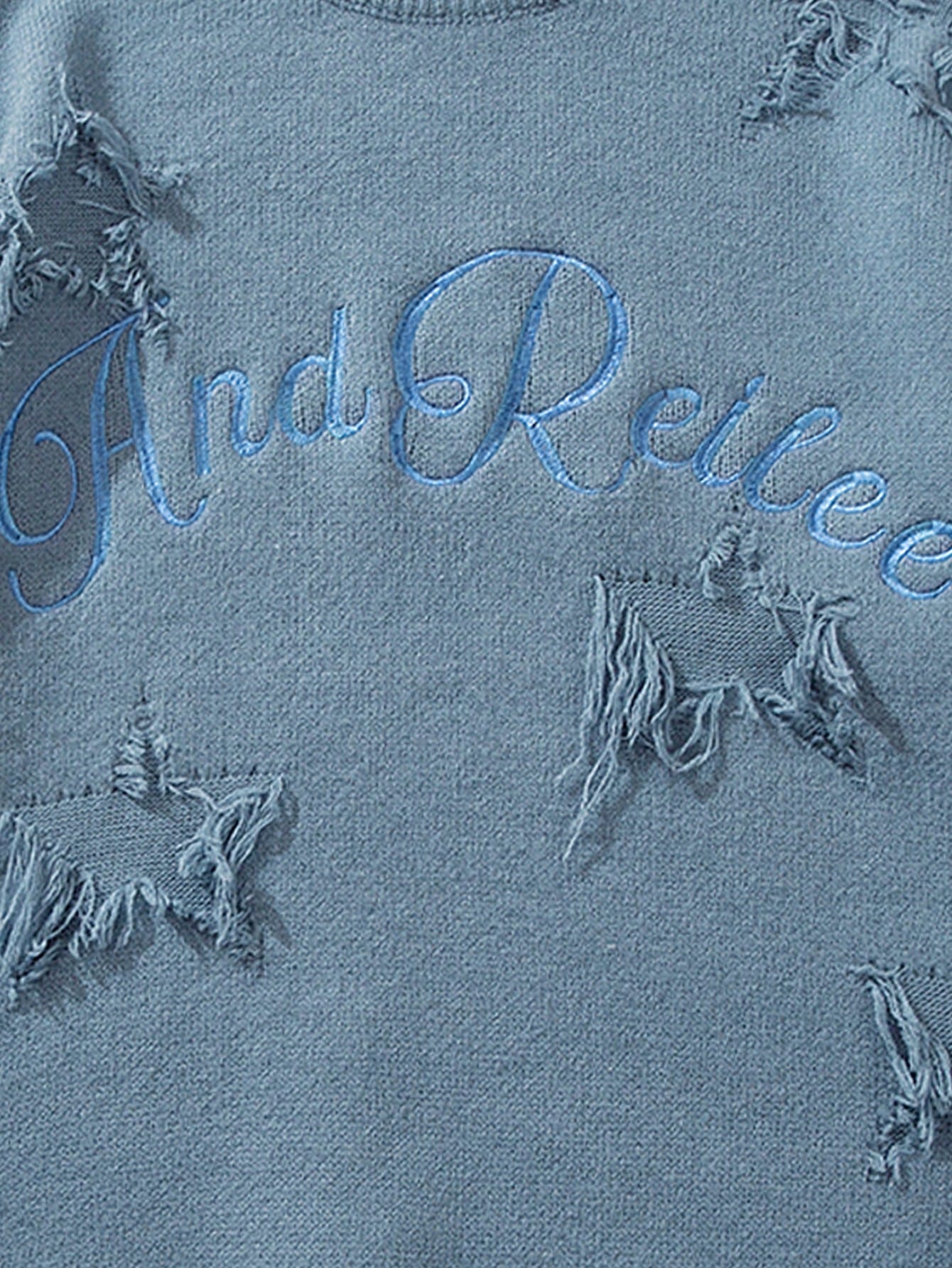 ANDREILEE EMBROIDERED LETTERS, STARS, HOLES, SWEATER