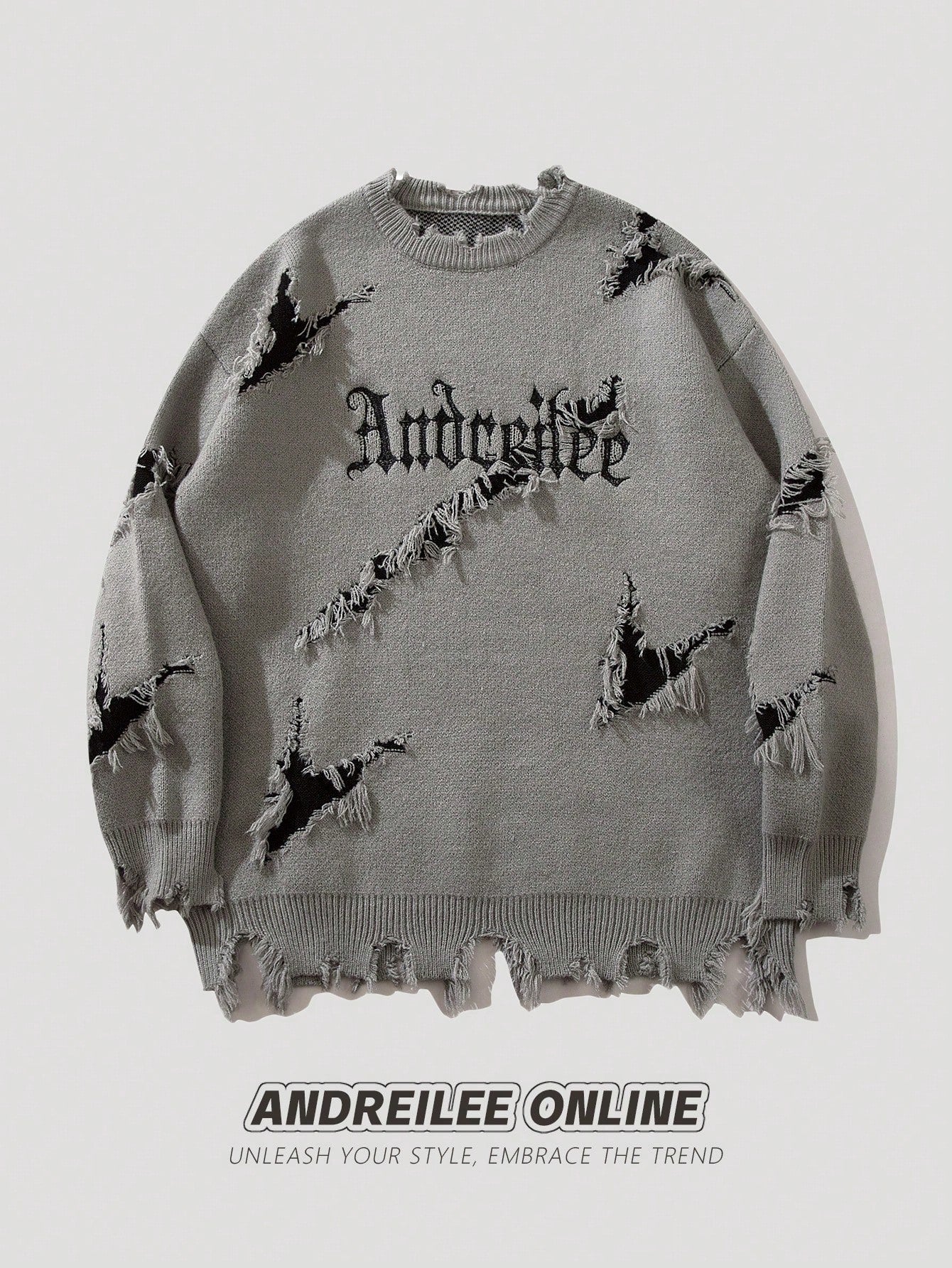 ANDREILEE EMBROIDERED LETTER SWEATER WITH HOLES