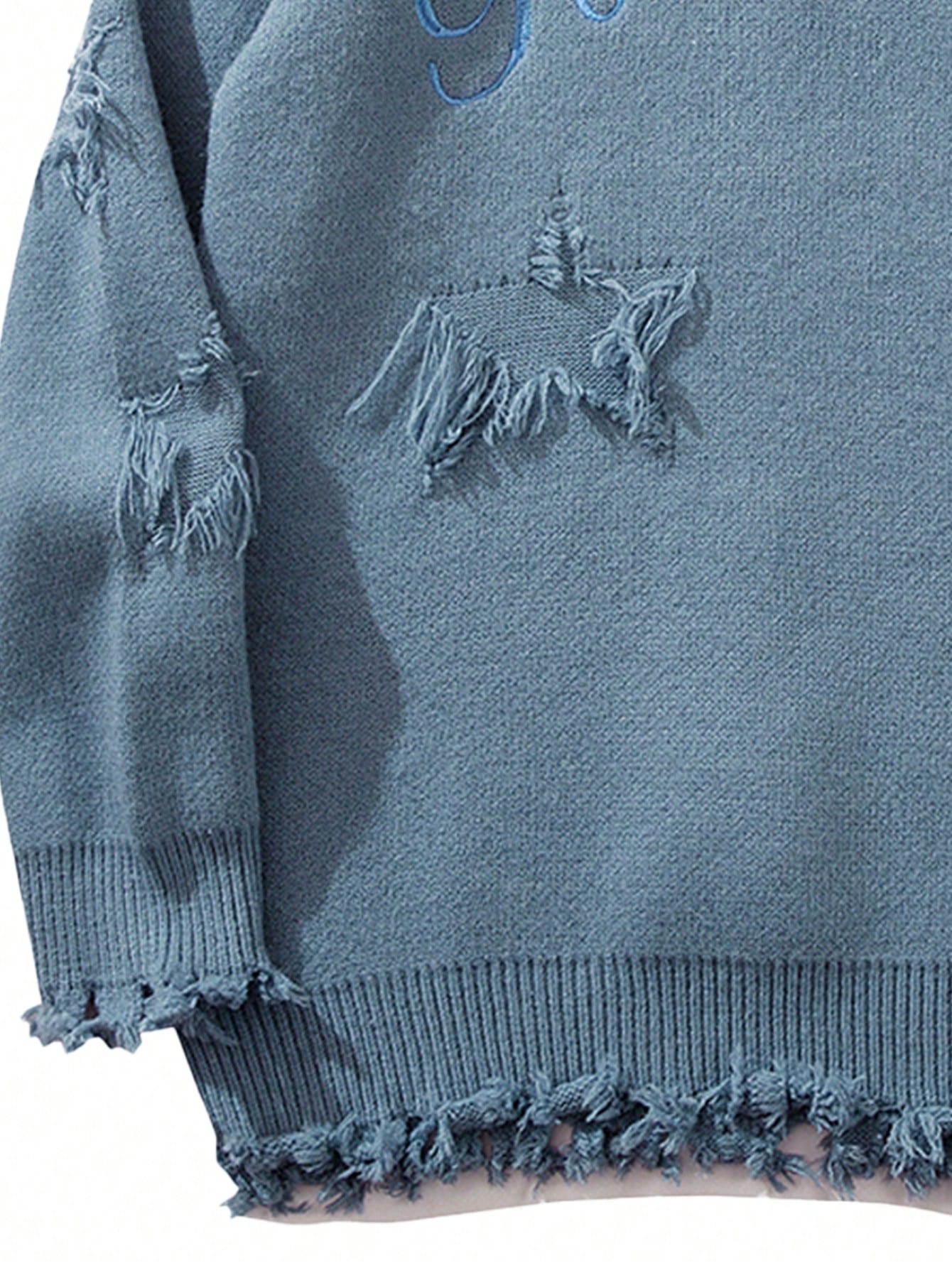 ANDREILEE EMBROIDERED LETTERS, STARS, HOLES, SWEATER