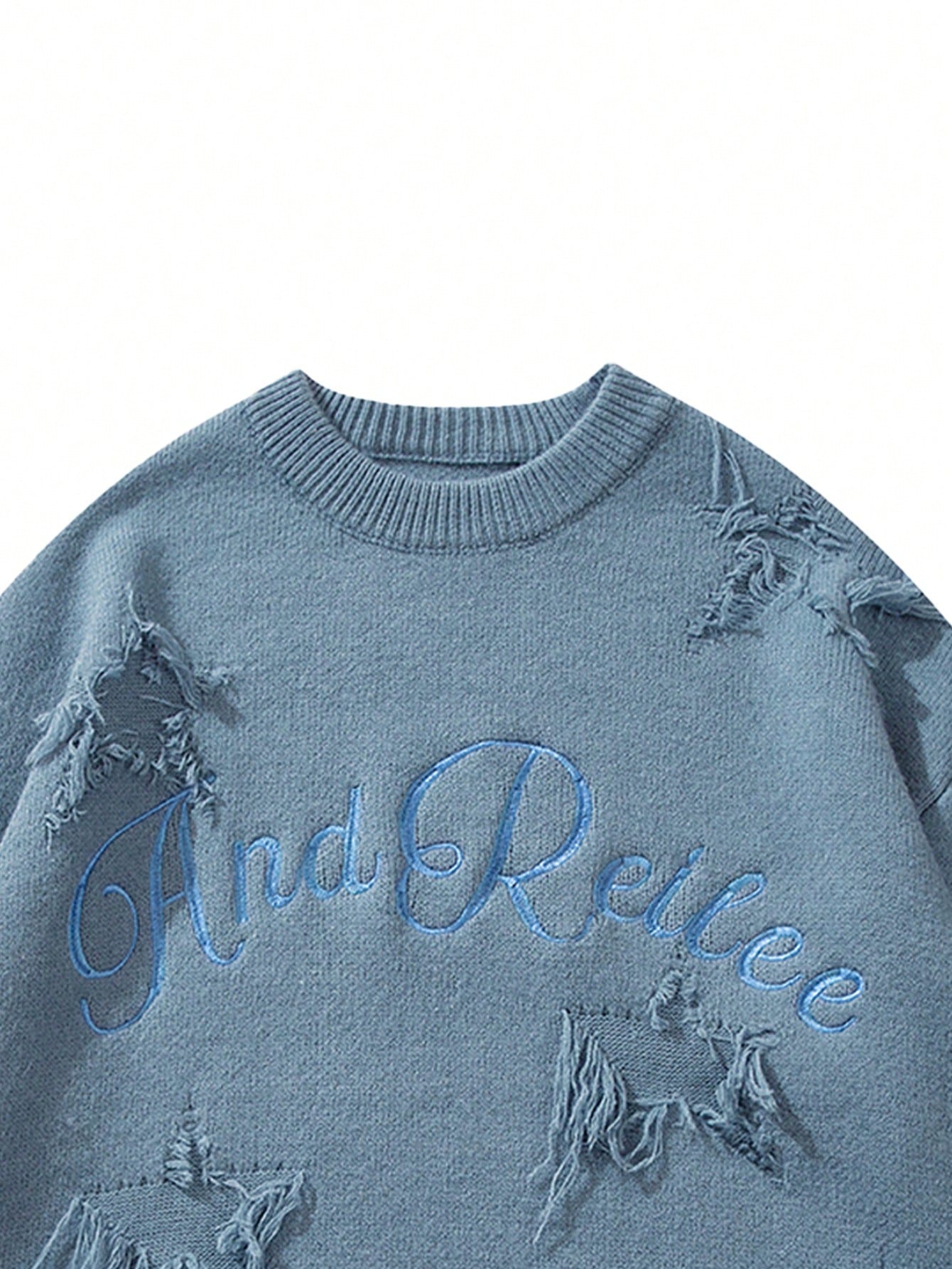 ANDREILEE EMBROIDERED LETTERS, STARS, HOLES, SWEATER