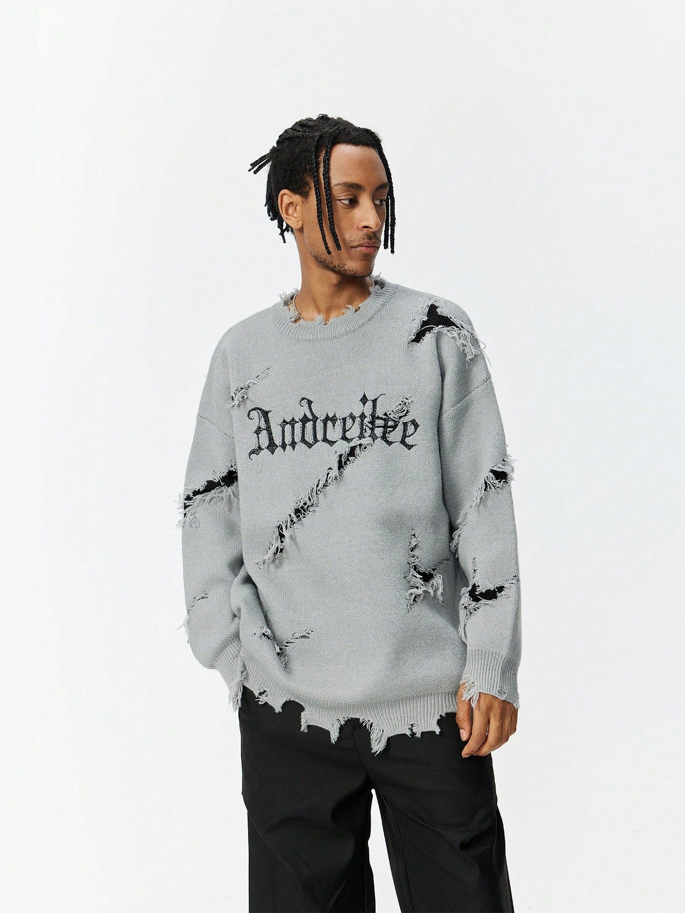 ANDREILEE EMBROIDERED LETTER SWEATER WITH HOLES