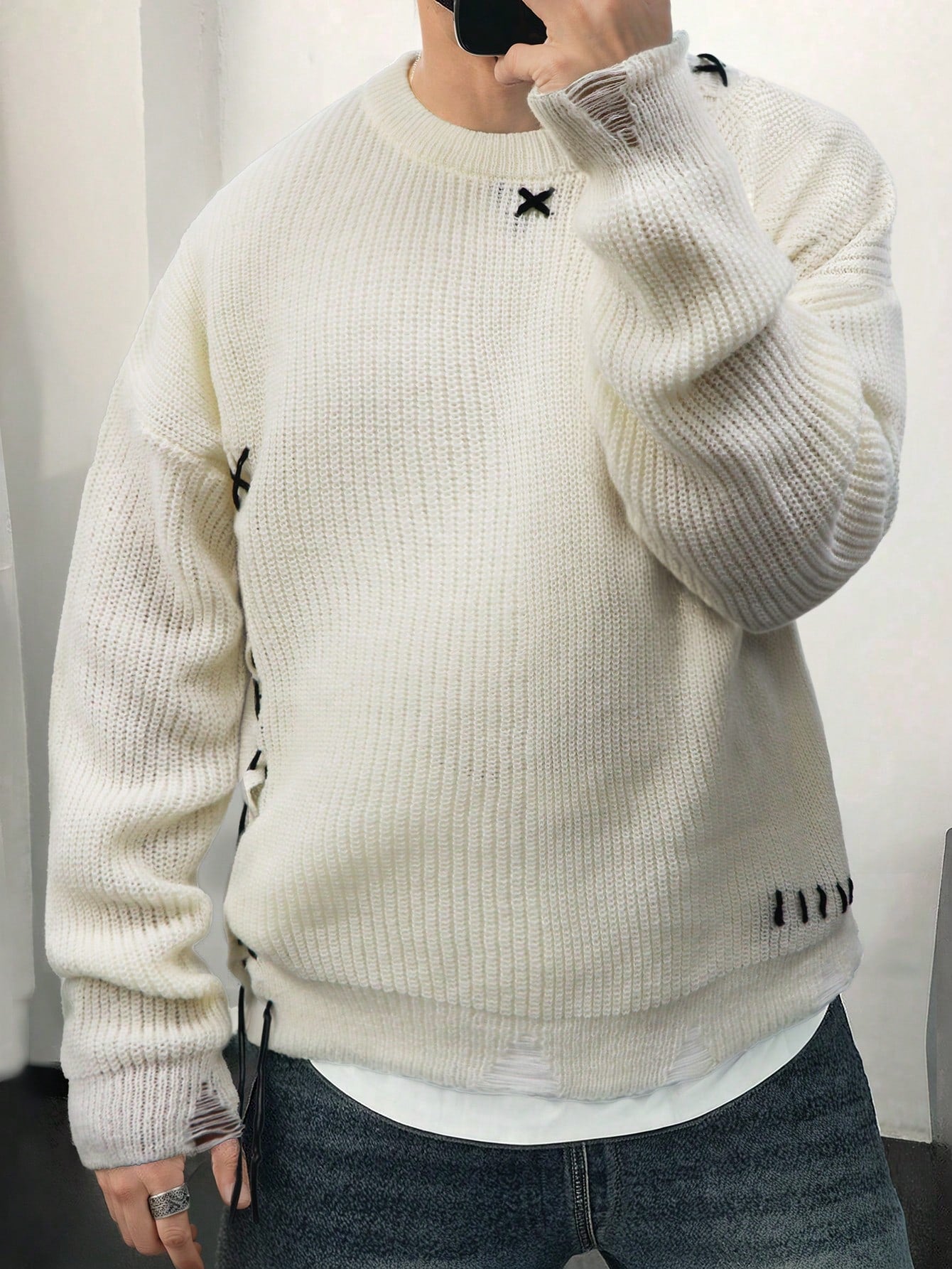 ANDREILEE THREAD TIE, TORN HOLE, TASSEL SWEATER