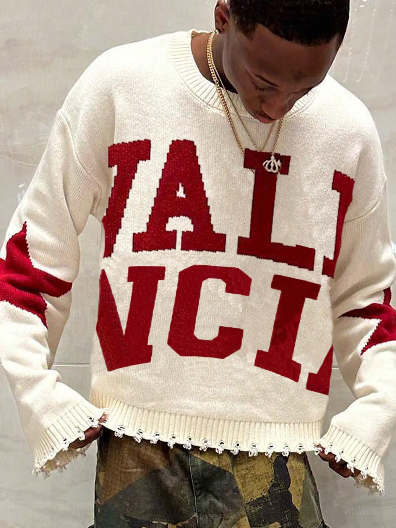 ANDREILEE LETTER-PATTERNED DISTRESSED SWEATER