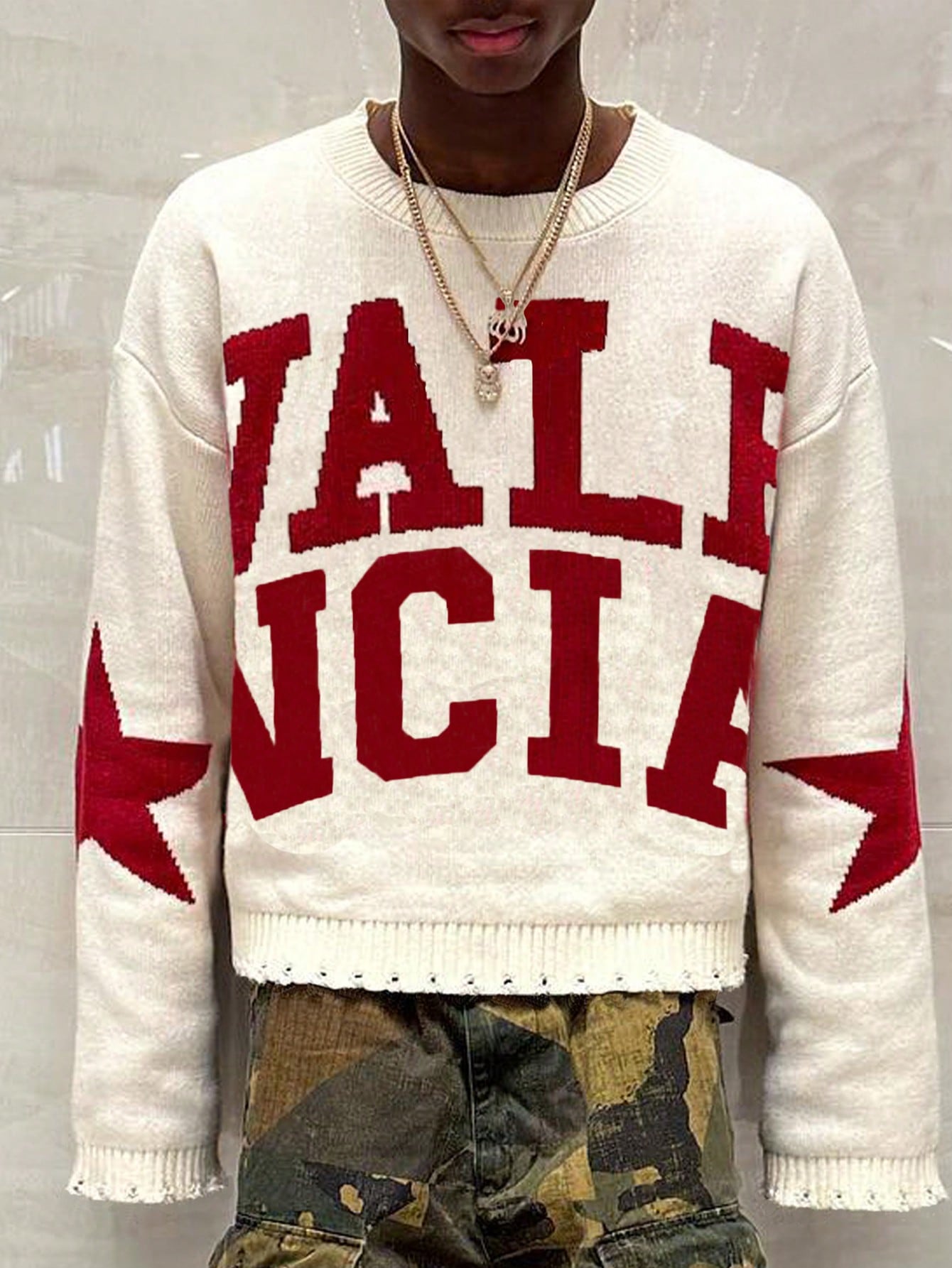 ANDREILEE LETTER-PATTERNED DISTRESSED SWEATER