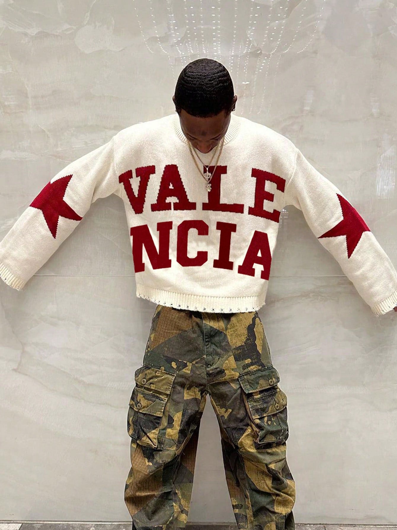 ANDREILEE LETTER-PATTERNED DISTRESSED SWEATER