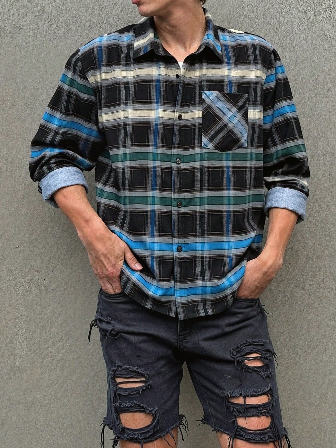 ANDREILEE GRADIENT COLOR-BLOCK PLAID SHIRT