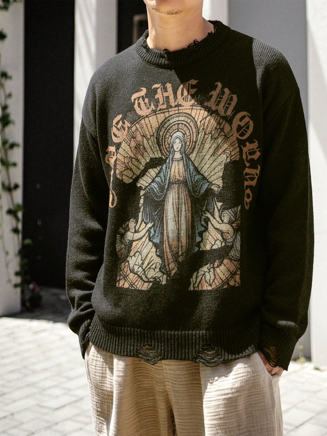 ANDREILEE RELIGIOUS MADONNA PATTERN PULLOVER SWEATER