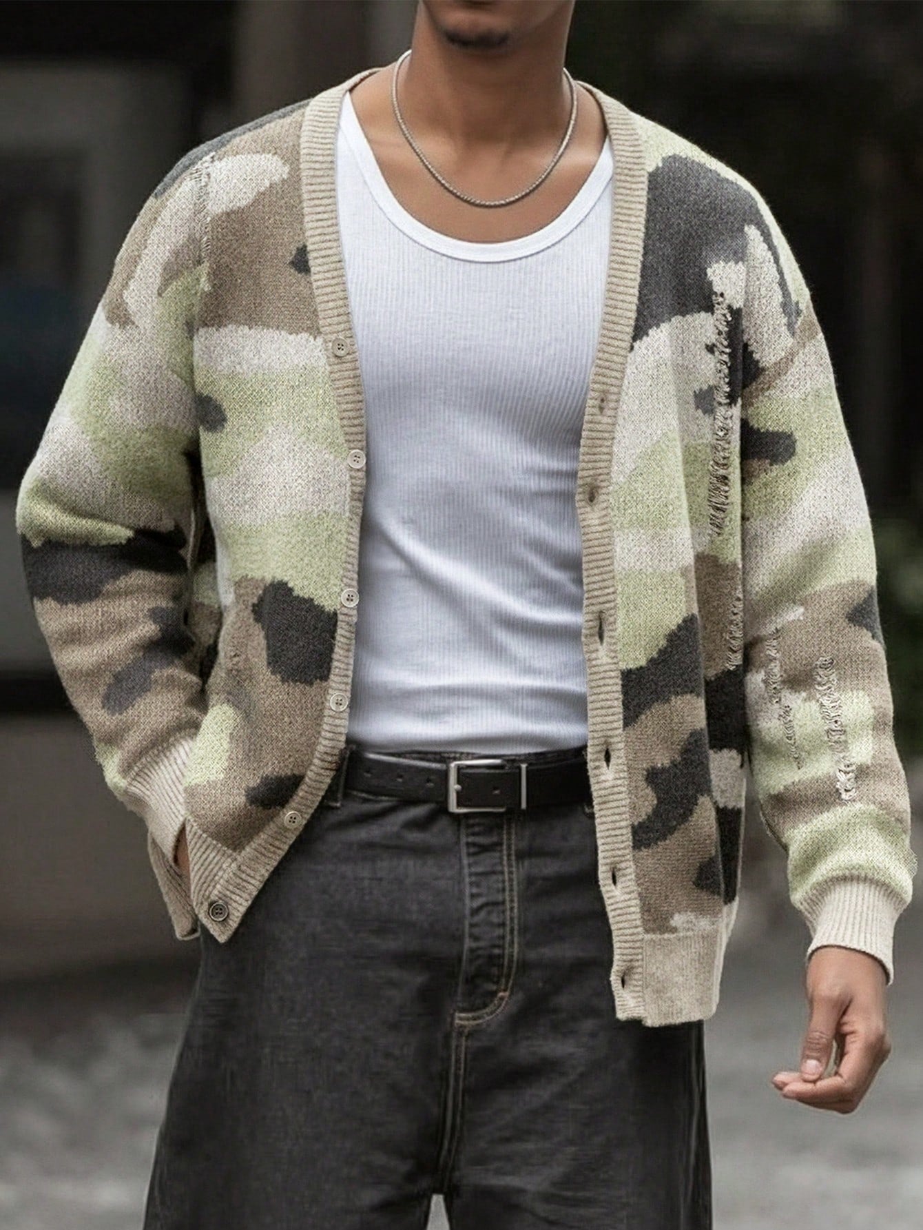 ANDREILEE CAMOUFLAGE RIPPED CARDIGAN SWEATER