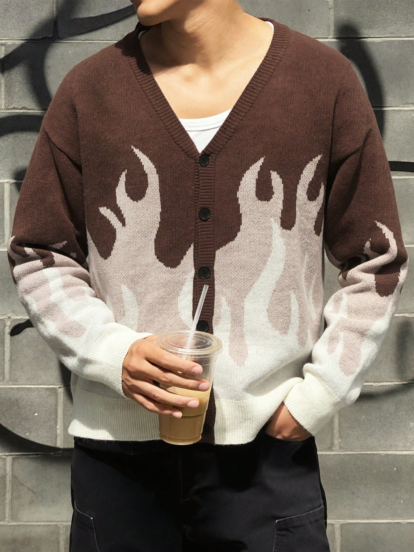 ANDREILEE FLAME PRINT OPEN-FRONT CARDIGAN SWEATER