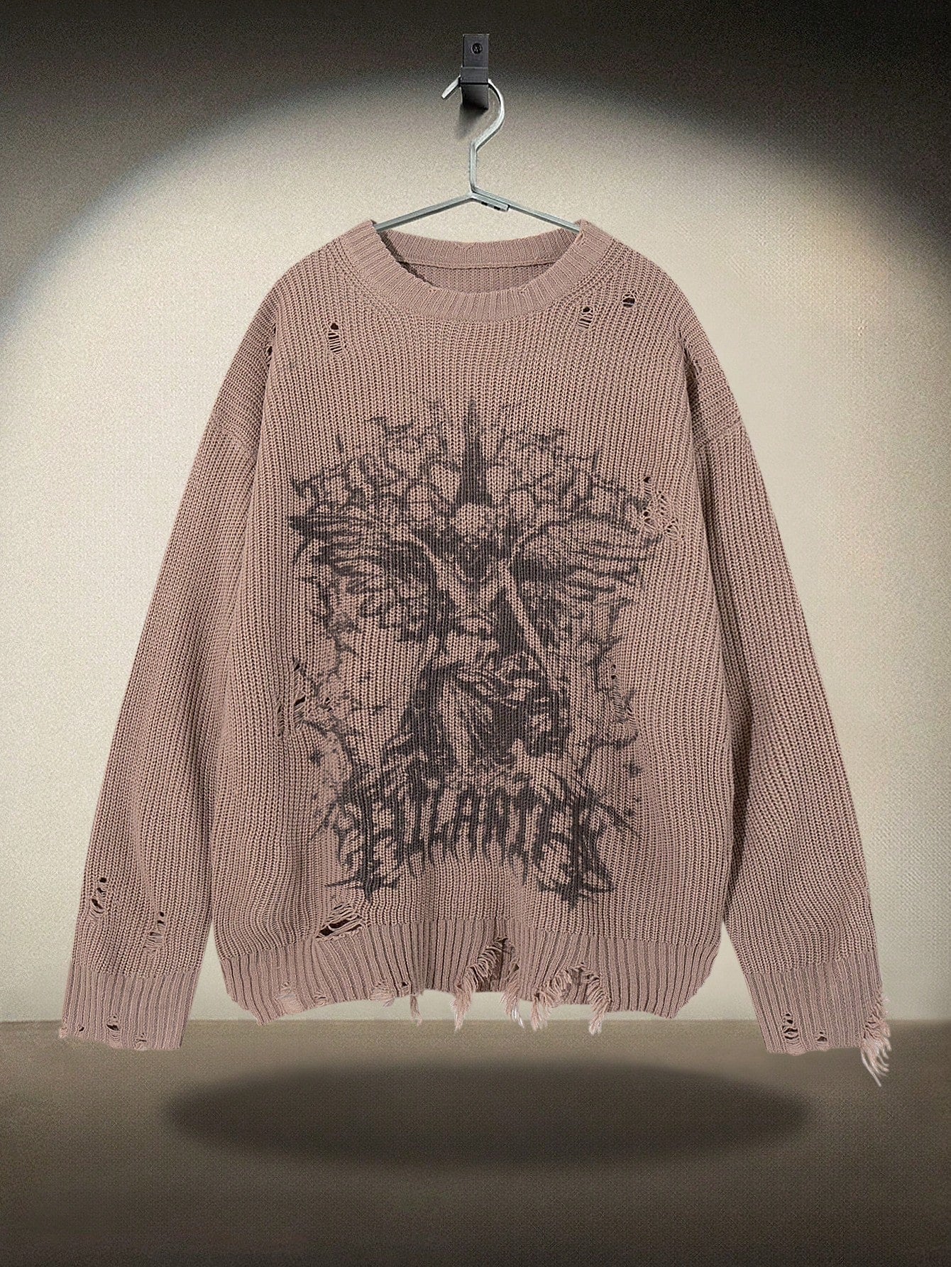 ANDREILEE RIPPED RELIGIOUS PATTERN PULLOVER SWEATER