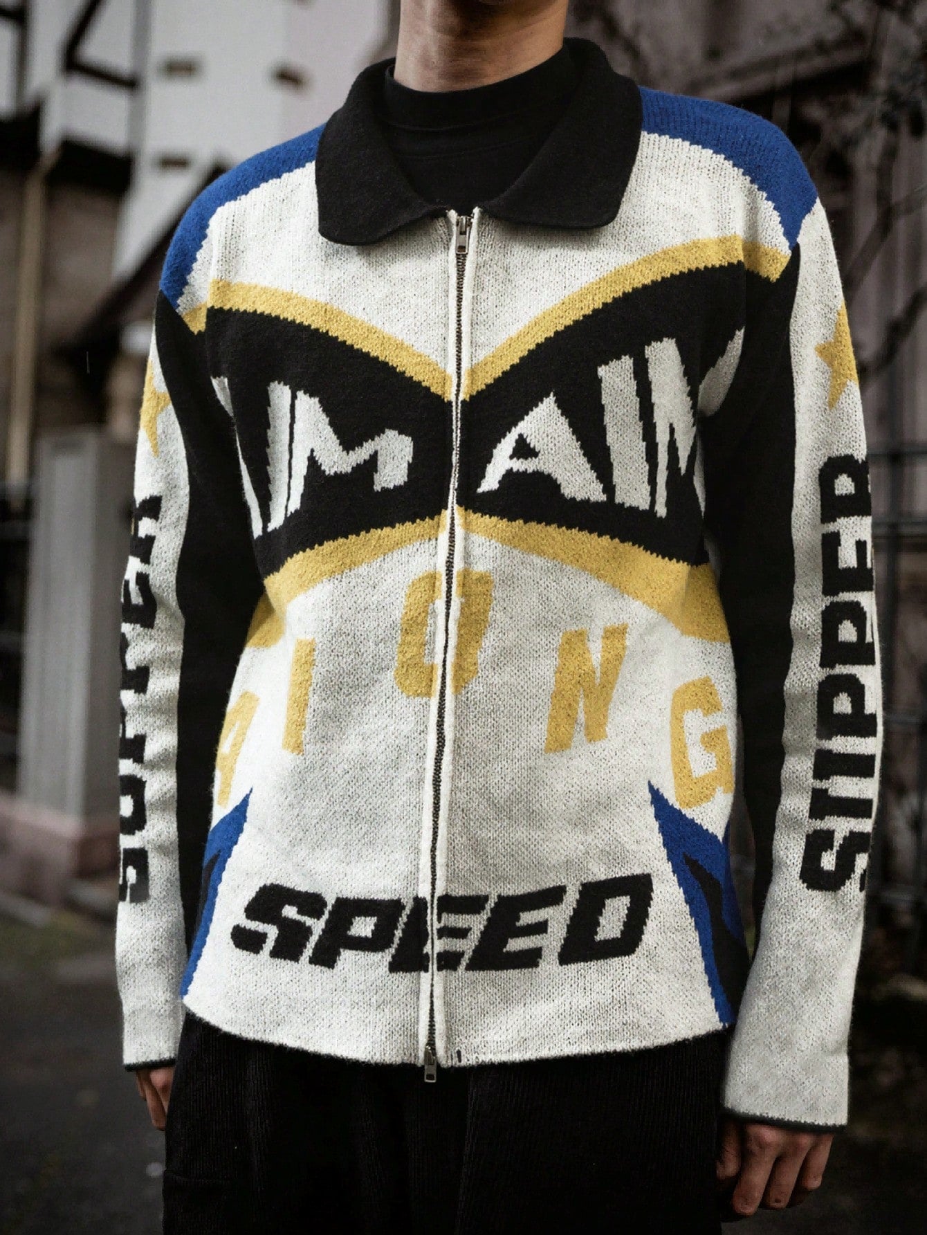 ANDREILEE ENGLISH LETTERS POLO COLLAR OPEN-FRONT SWEATER