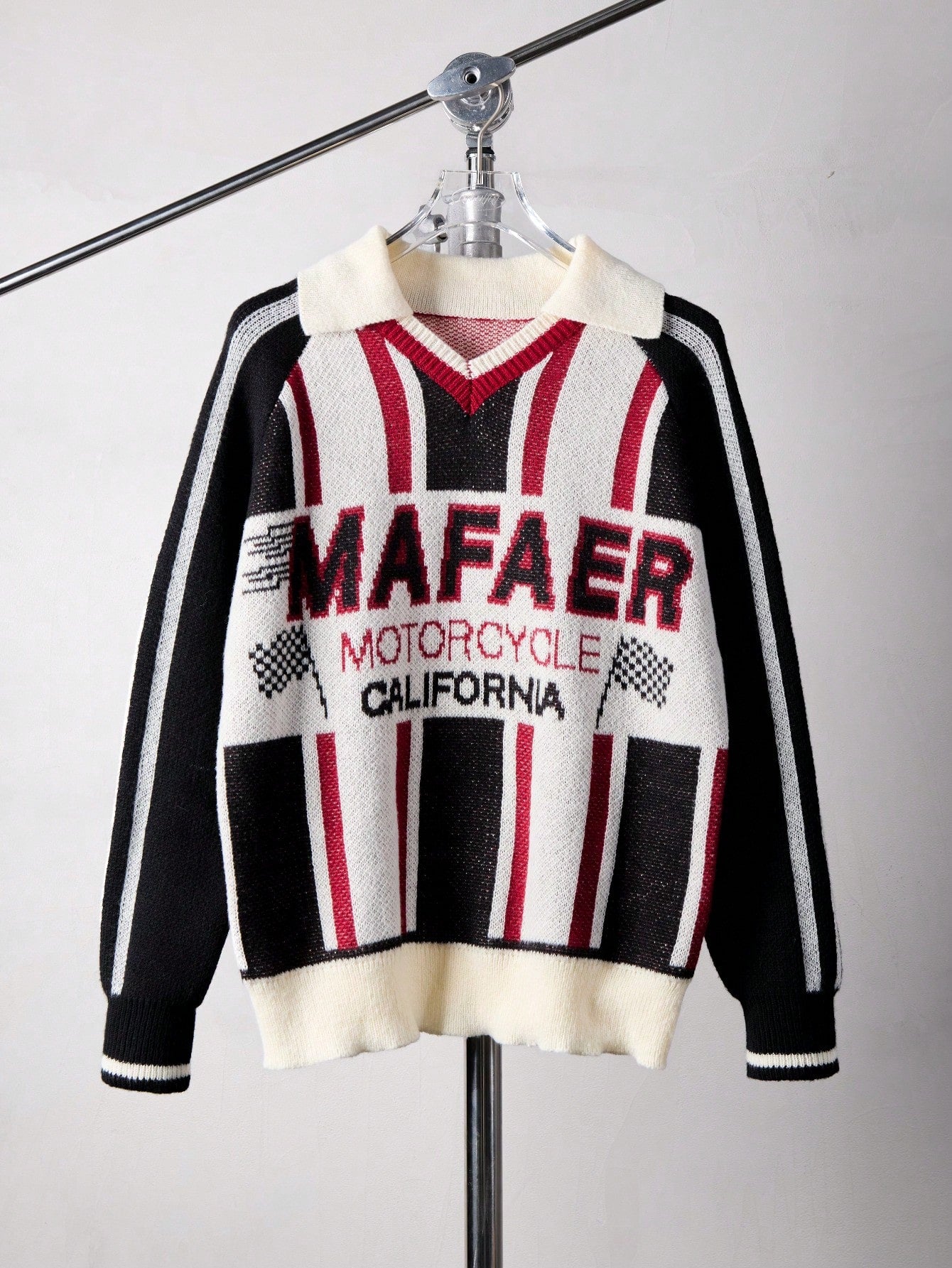 ANDREILEE STRIPED LETTER POLO COLLAR SWEATER