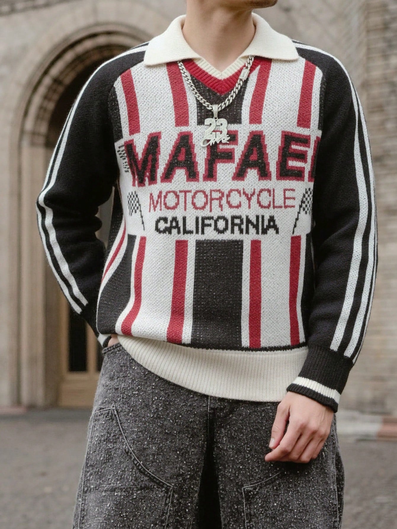 ANDREILEE STRIPED LETTER POLO COLLAR SWEATER