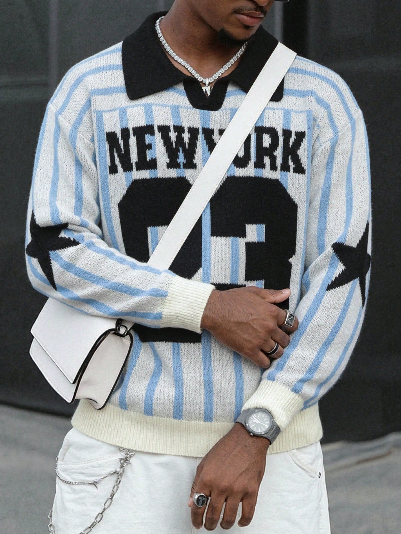 ANDREILEE STRIPED ALPHANUMERIC PULLOVER SWEATER