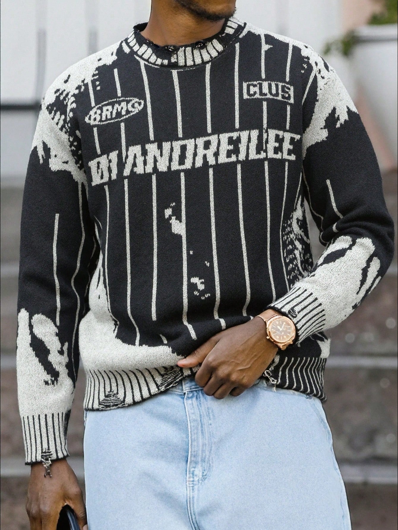 ANDREILEE CREWNECK SWEATER WITH VERTICAL STRIPE ENGLISH LETTER PATTERN