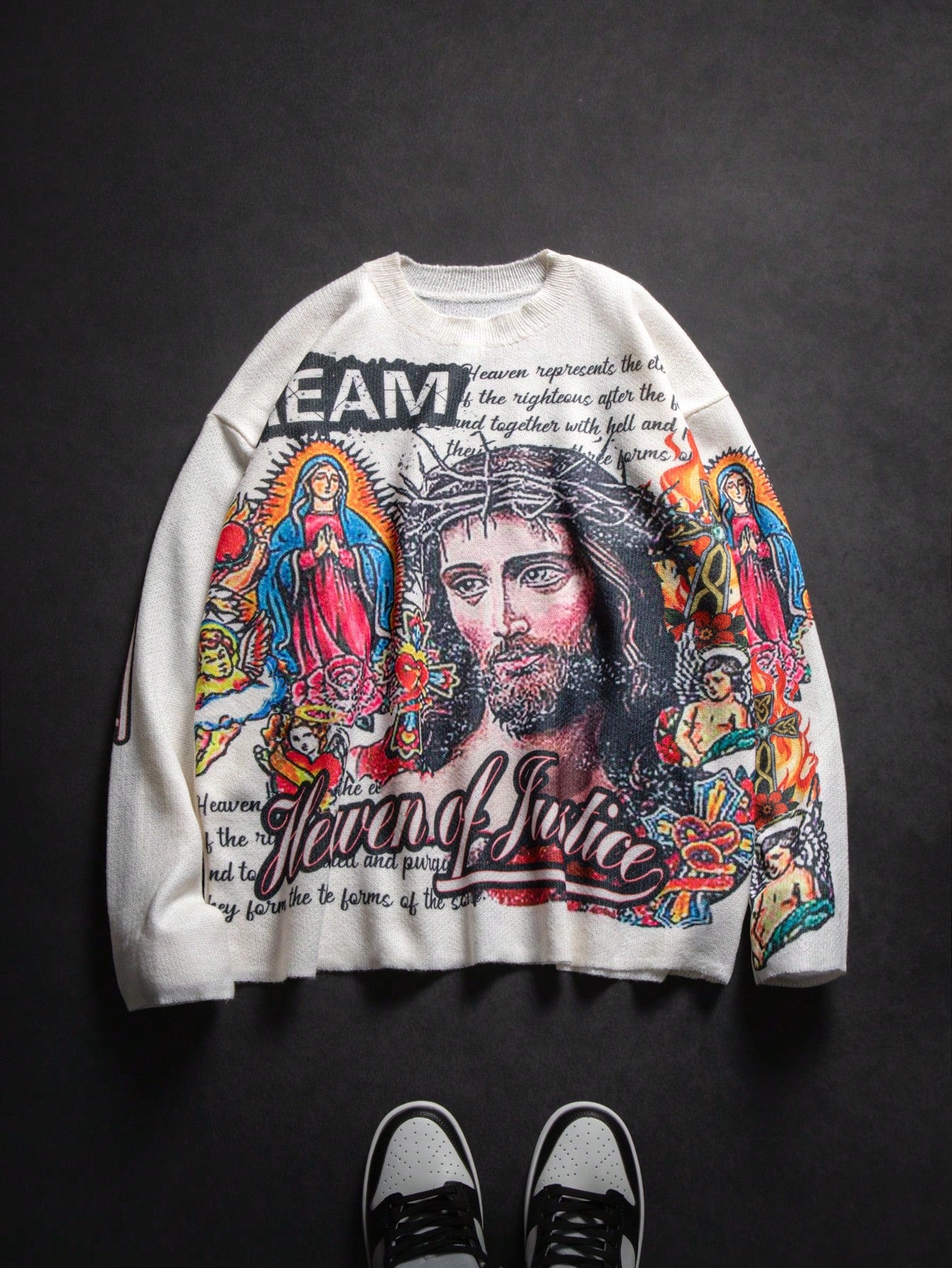 ANDREILEE RELIGIOUS FIGURE PATTERN PULLOVER SWEATER
