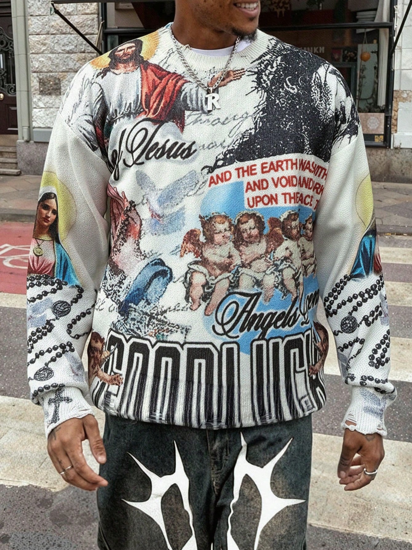 ANDREILEE RELIGIOUS CROSS PATTERN SWEATER