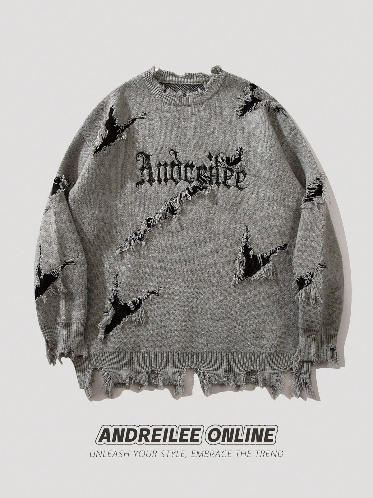ANDREILEE EMBROIDERED LETTER SWEATER WITH HOLES