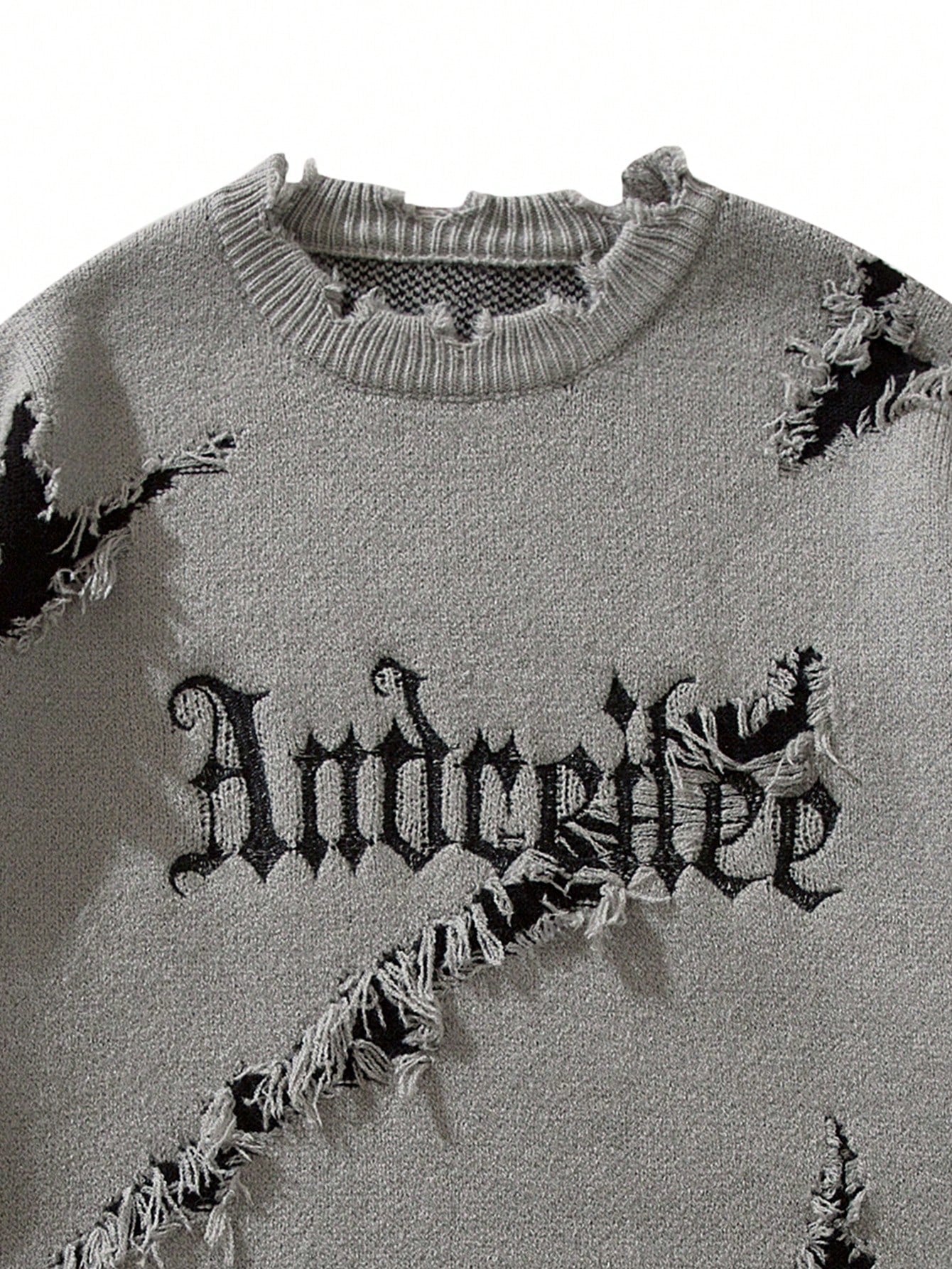 ANDREILEE EMBROIDERED LETTER SWEATER WITH HOLES