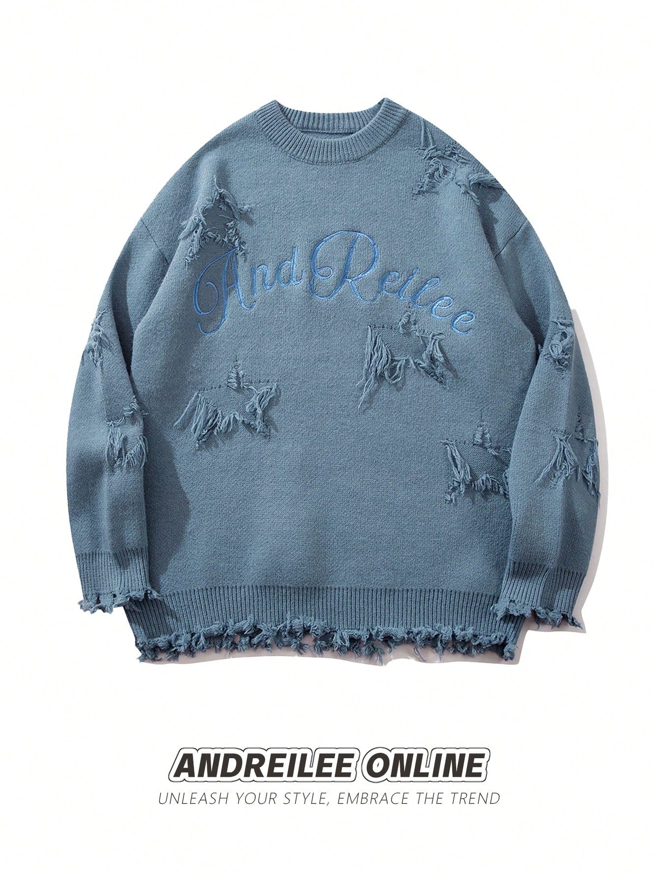 ANDREILEE EMBROIDERED LETTERS, STARS, HOLES, SWEATER