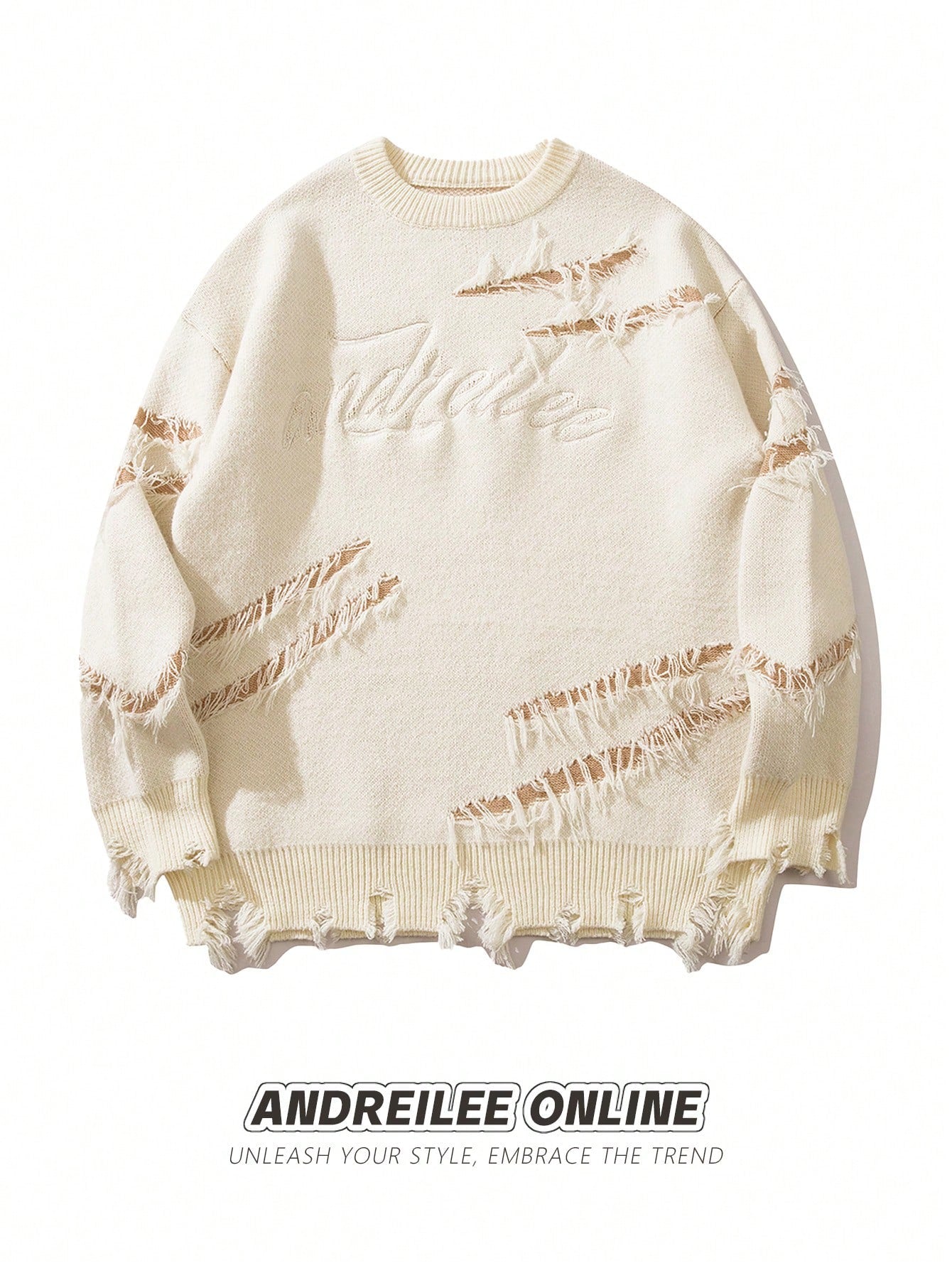 ANDREILEE EMBROIDERED LETTERS, TORN HOLES, TASSEL SWEATER