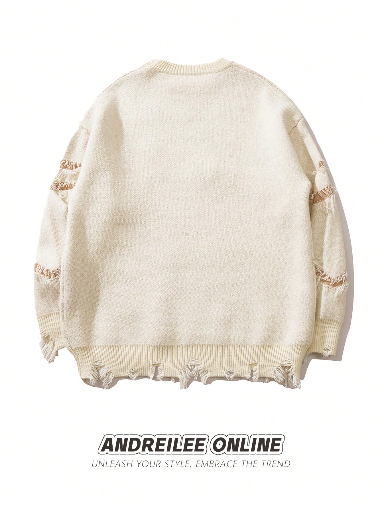 ANDREILEE EMBROIDERED LETTERS, TORN HOLES, TASSEL SWEATER