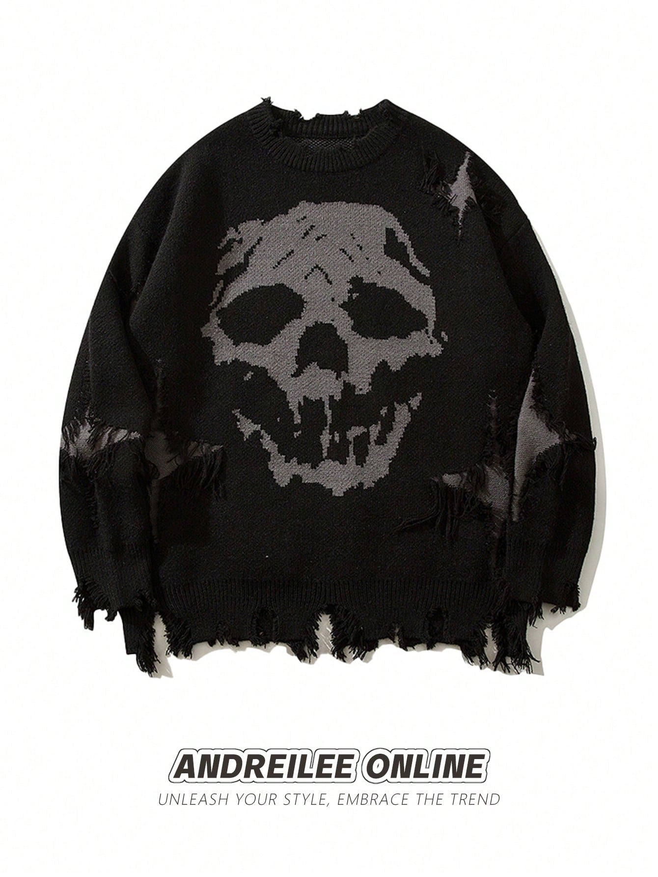 ANDREILEE SKELETON TREND RIPPED TASSEL SWEATER