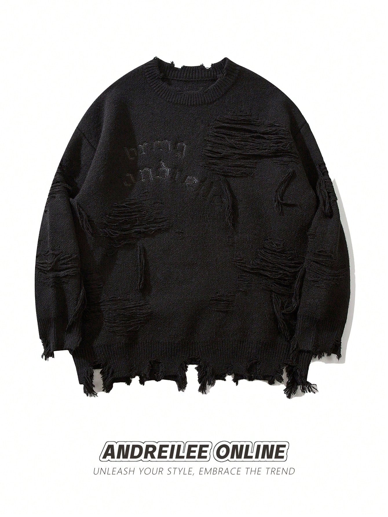 ANDREILEE EMBROIDERED LETTERS, TORN HOLES, TASSEL SWEATER