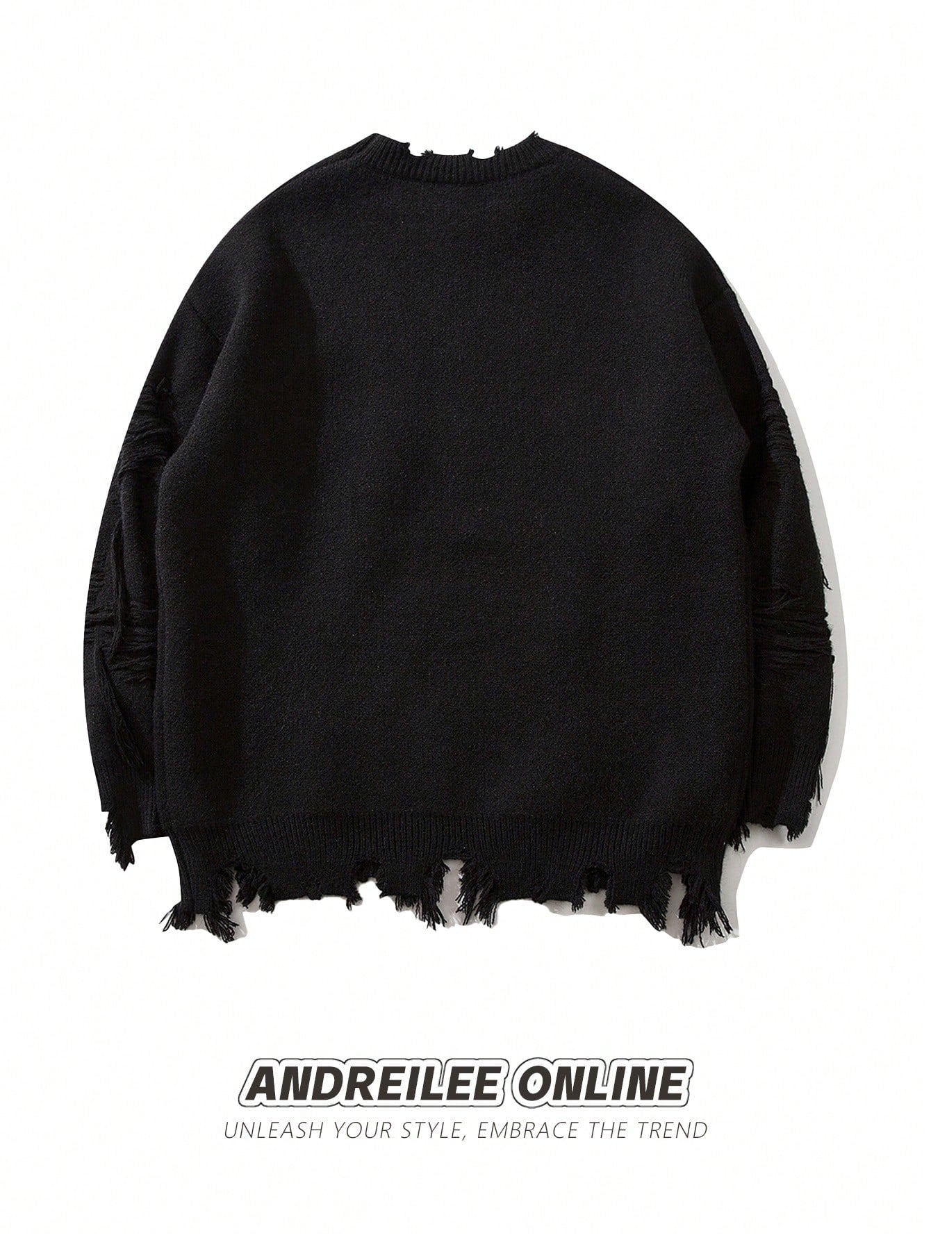 ANDREILEE EMBROIDERED LETTERS, TORN HOLES, TASSEL SWEATER