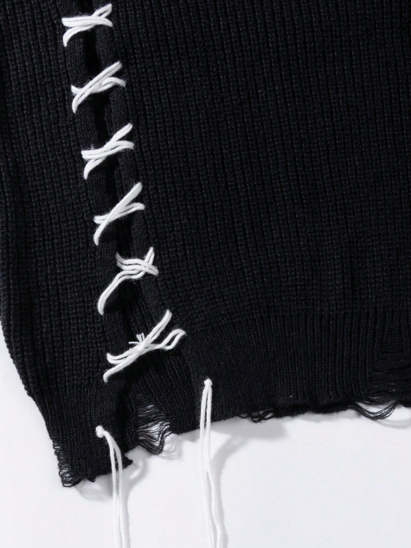 ANDREILEE THREAD TIE, TORN HOLE, TASSEL SWEATER