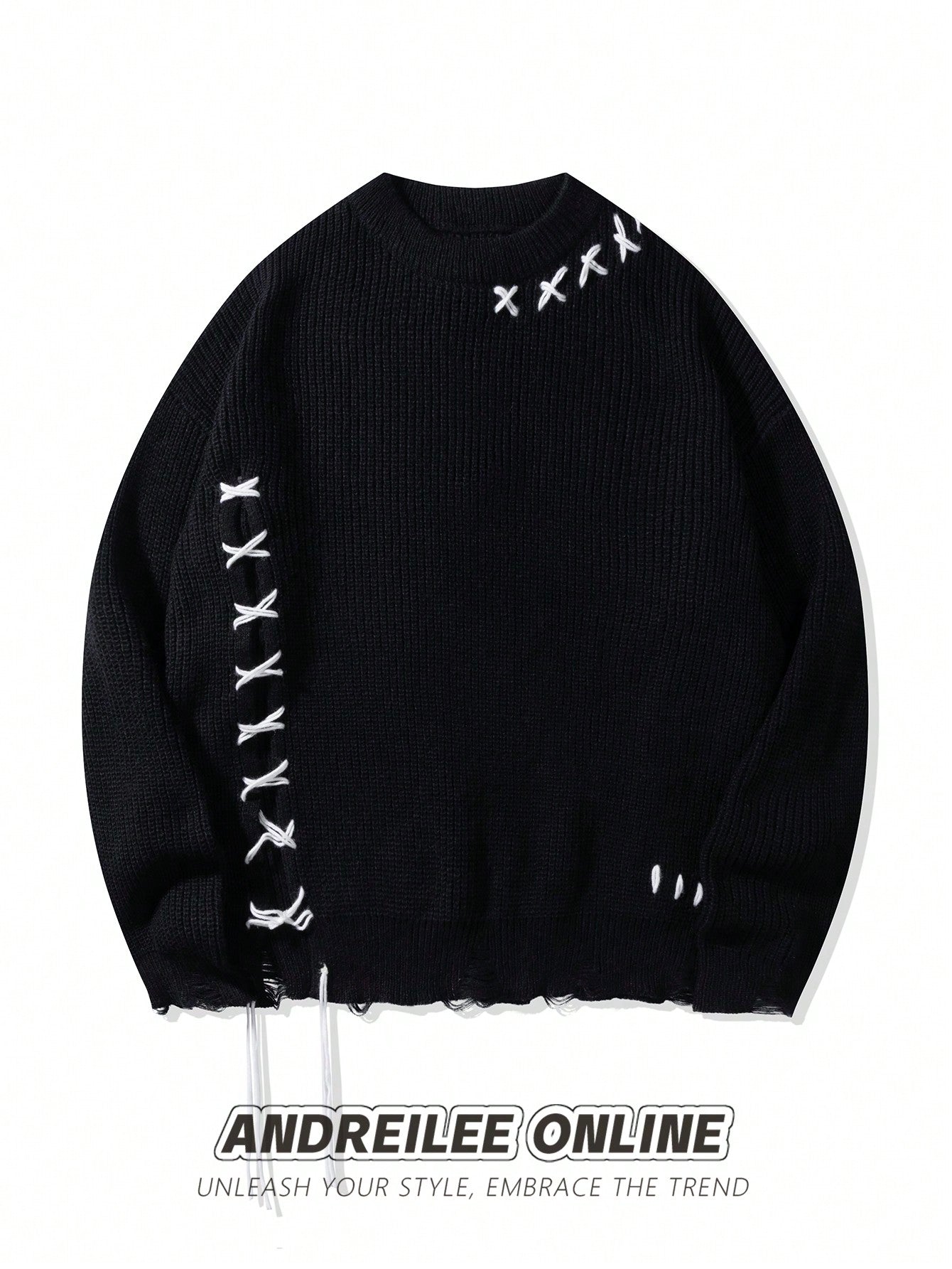 ANDREILEE THREAD TIE, TORN HOLE, TASSEL SWEATER