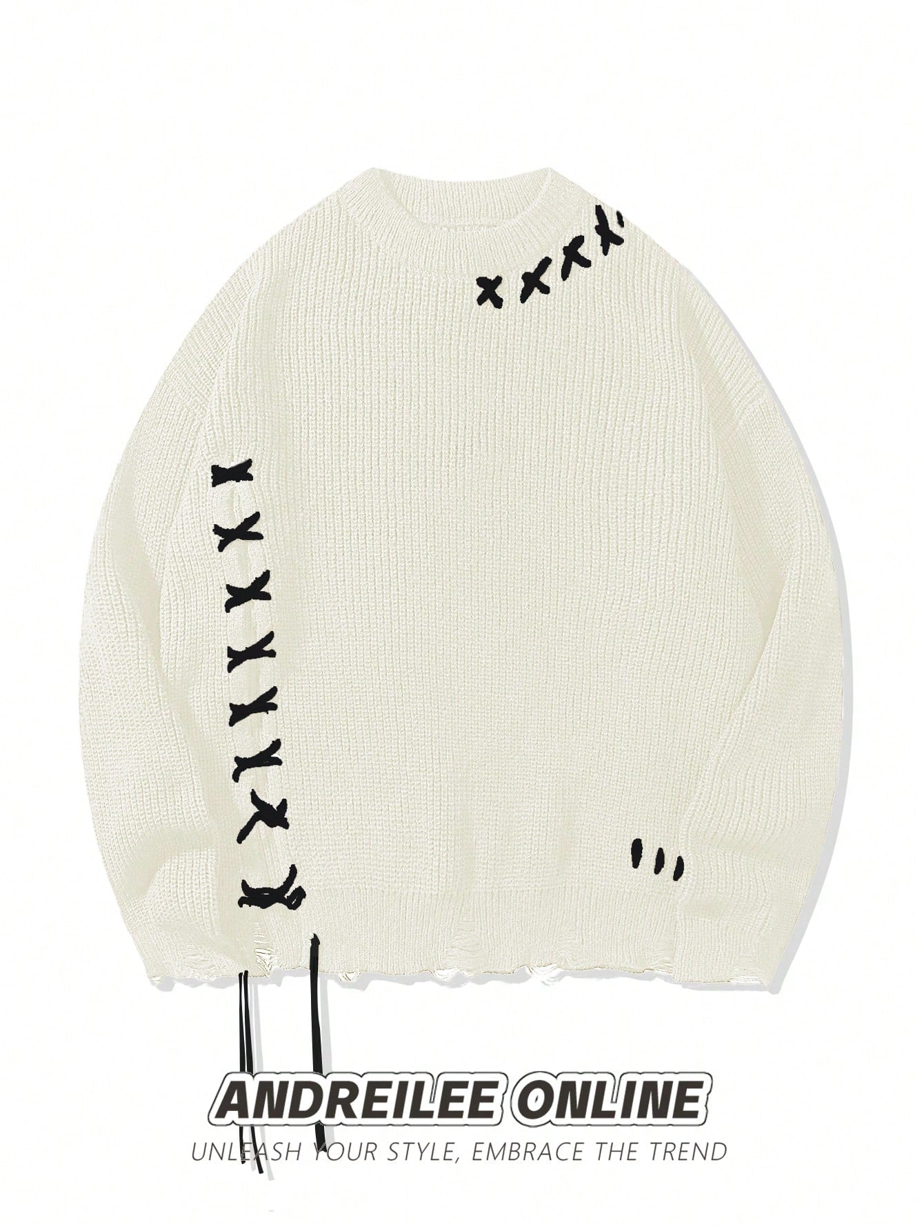 ANDREILEE THREAD TIE, TORN HOLE, TASSEL SWEATER