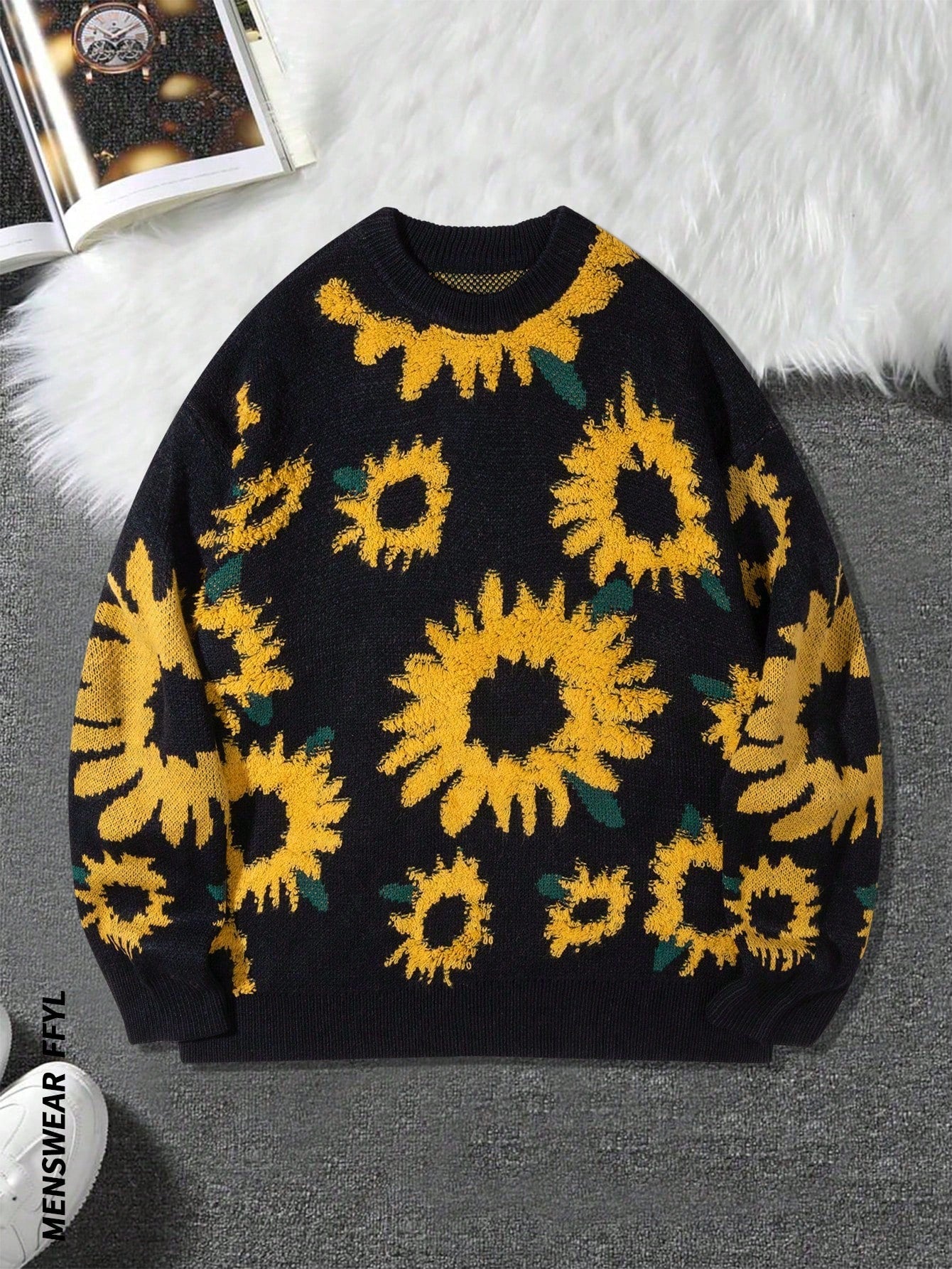 ANDREILEE SUNFLOWER FLOCKING JACQUARD STRIPED SWEATER
