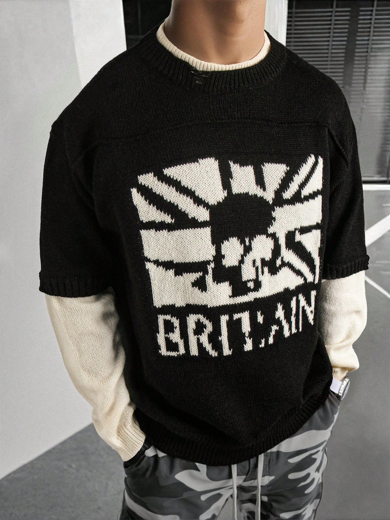 ANDREILEE SKULL LETTER PRINT PULLOVER SWEATER