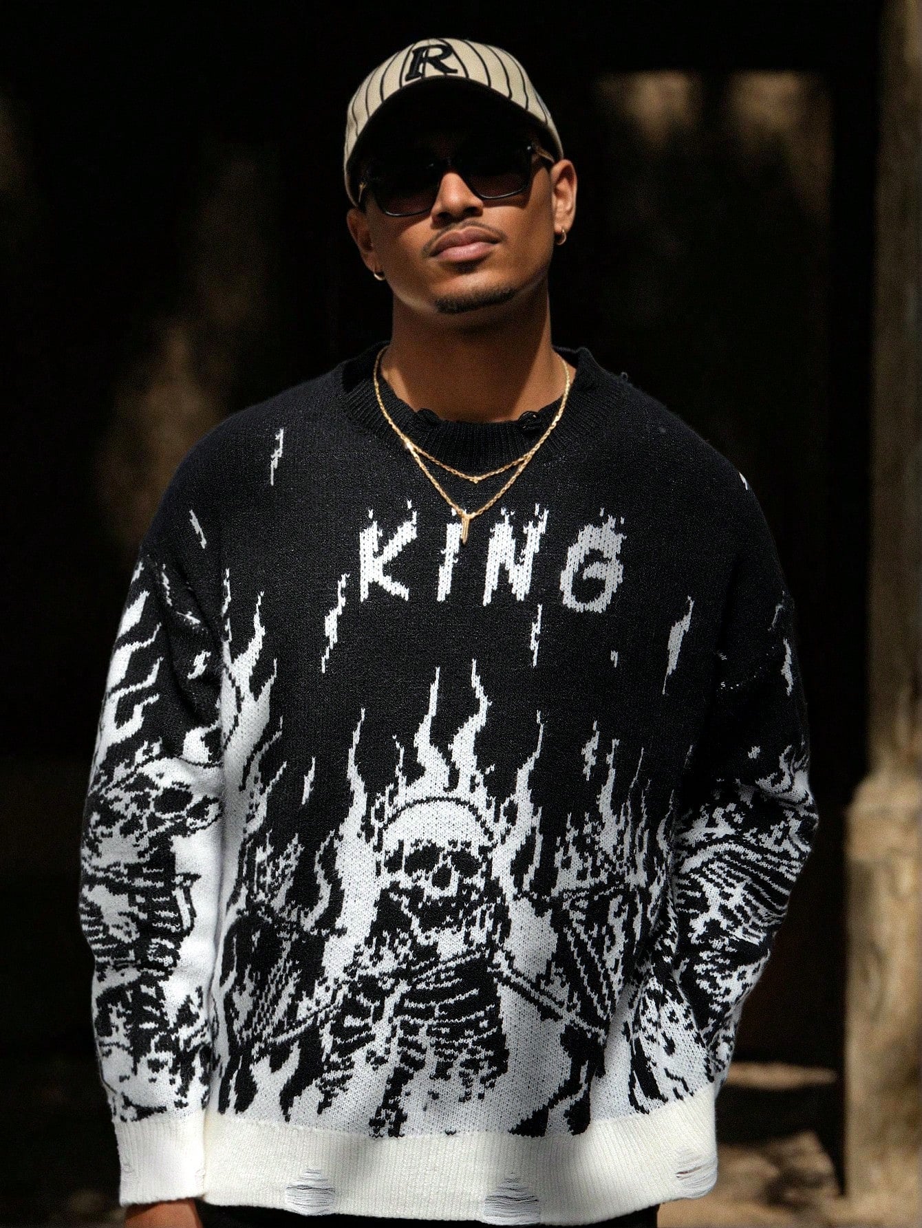 ANDREILEE DARK SKELETON PATTERN PULLOVER SWEATER