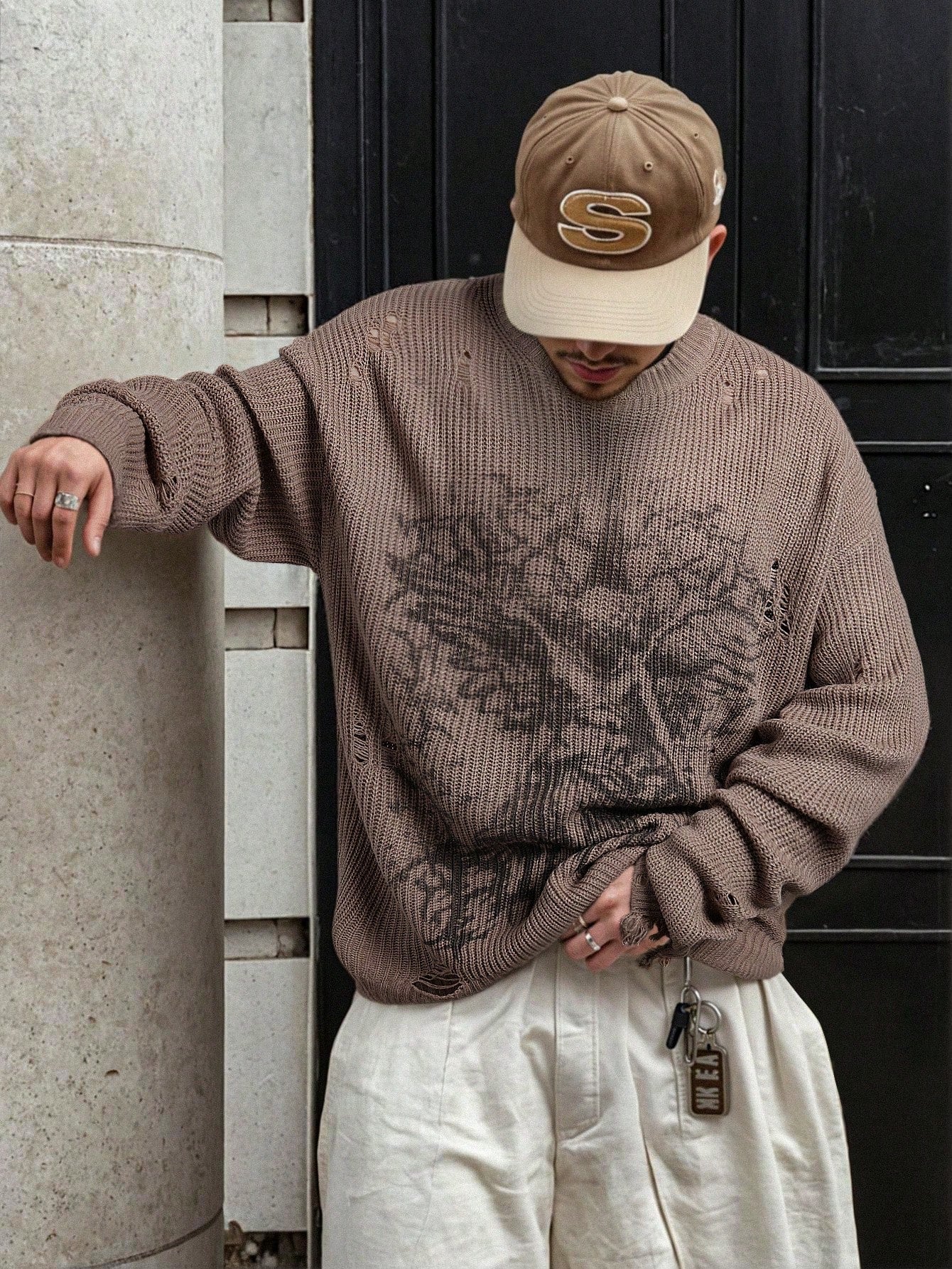 ANDREILEE RIPPED RELIGIOUS PATTERN PULLOVER SWEATER