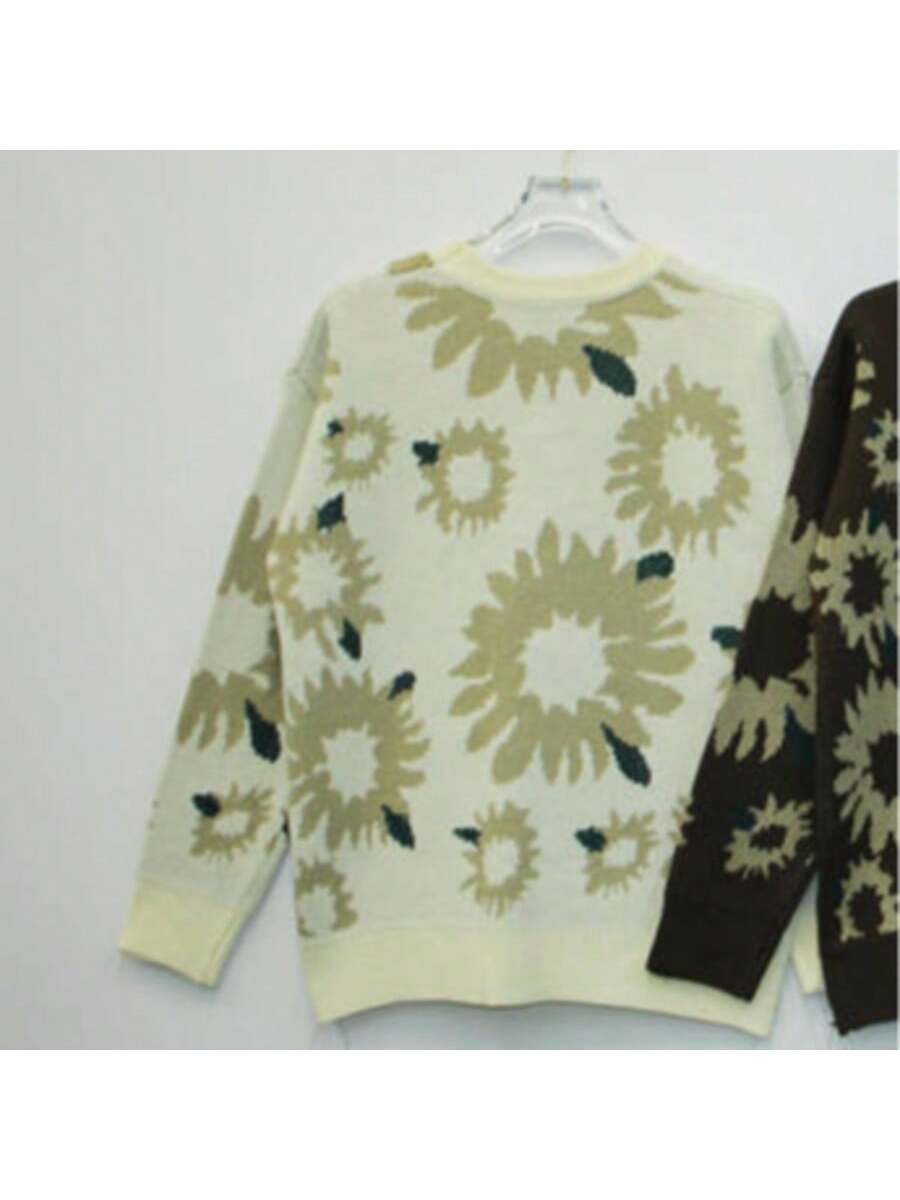 ANDREILEE SUNFLOWER FLOCKING JACQUARD STRIPED SWEATER