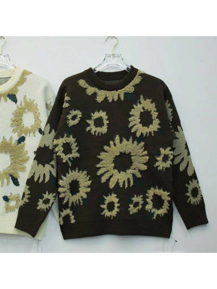 ANDREILEE SUNFLOWER FLOCKING JACQUARD STRIPED SWEATER