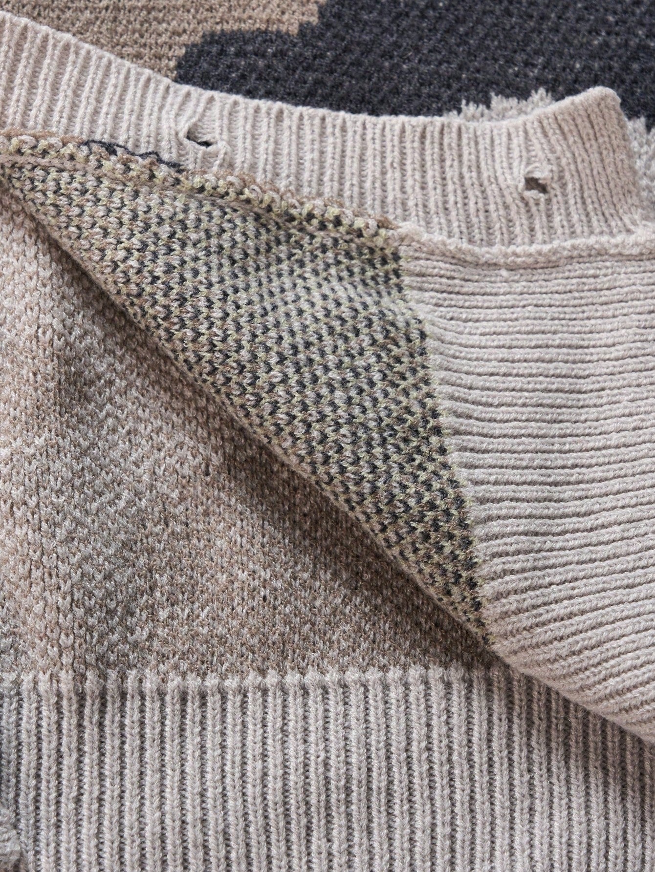 ANDREILEE CAMOUFLAGE RIPPED CARDIGAN SWEATER