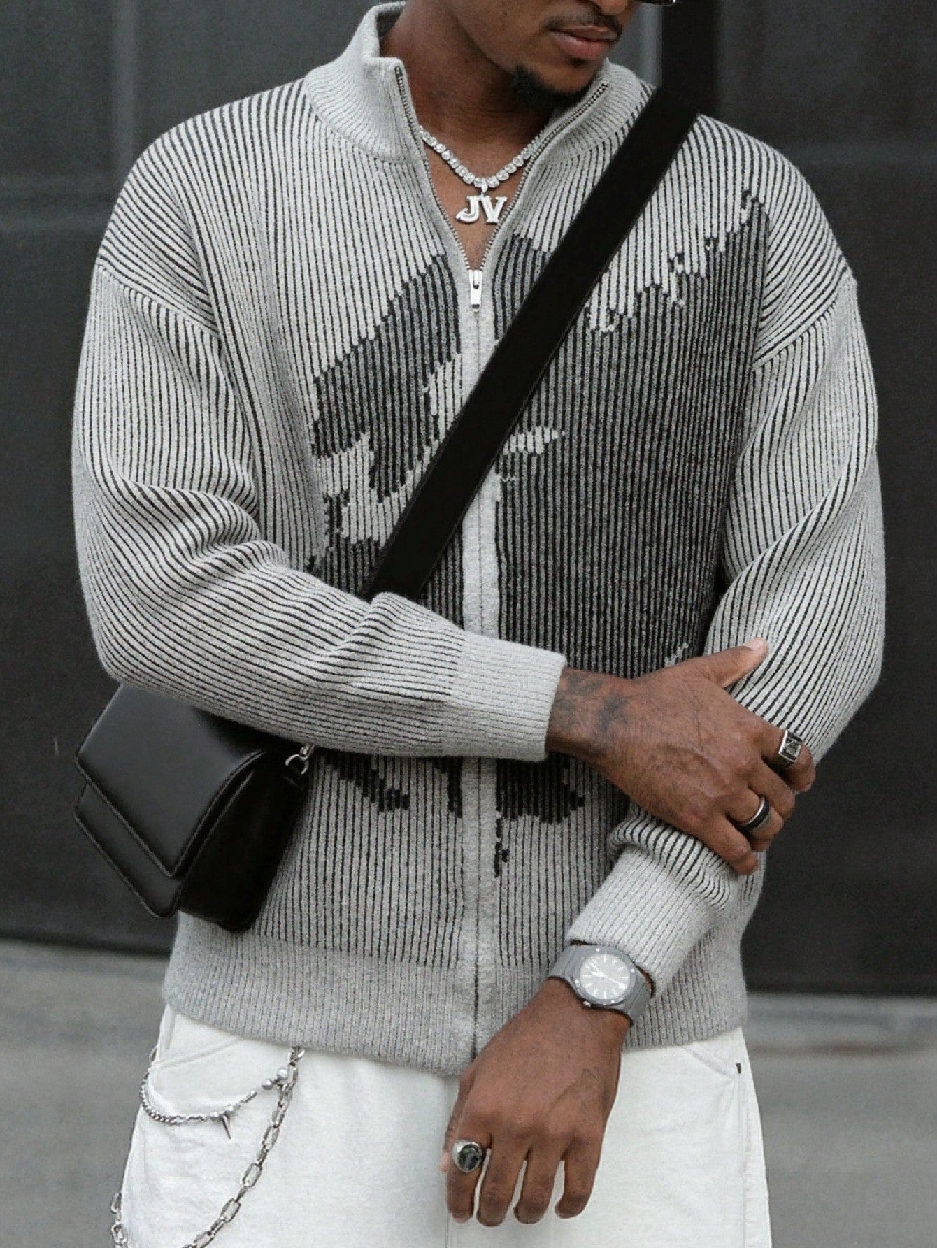 ANDREILEE RIBBED ABSTRACT MOCK NECK CARDIGANS