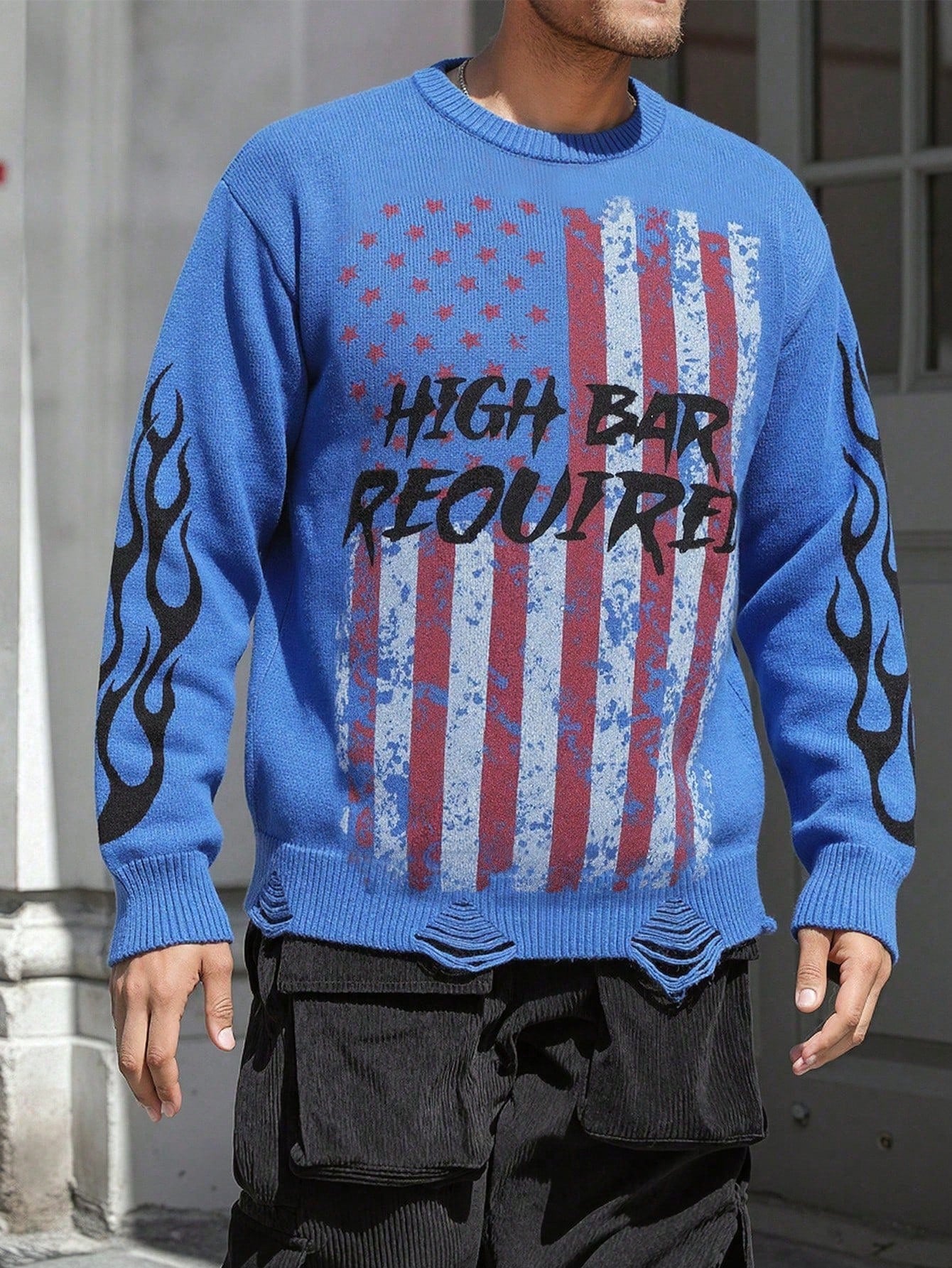 ANDREILEE LETTER PATCH RIPPED DETAILS PULLOVER SWEATER