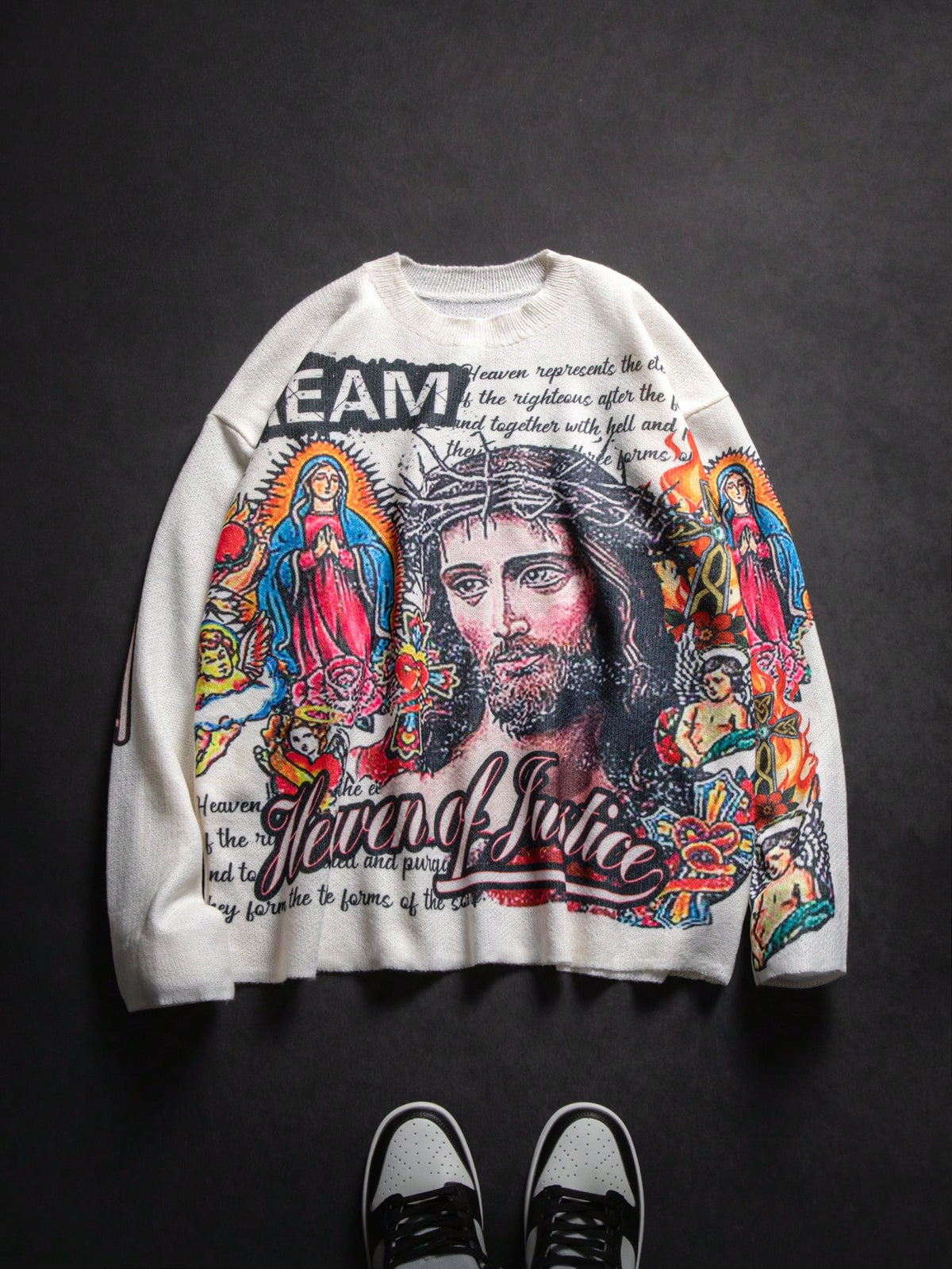 ANDREILEE RELIGIOUS FIGURE PATTERN PULLOVER SWEATER