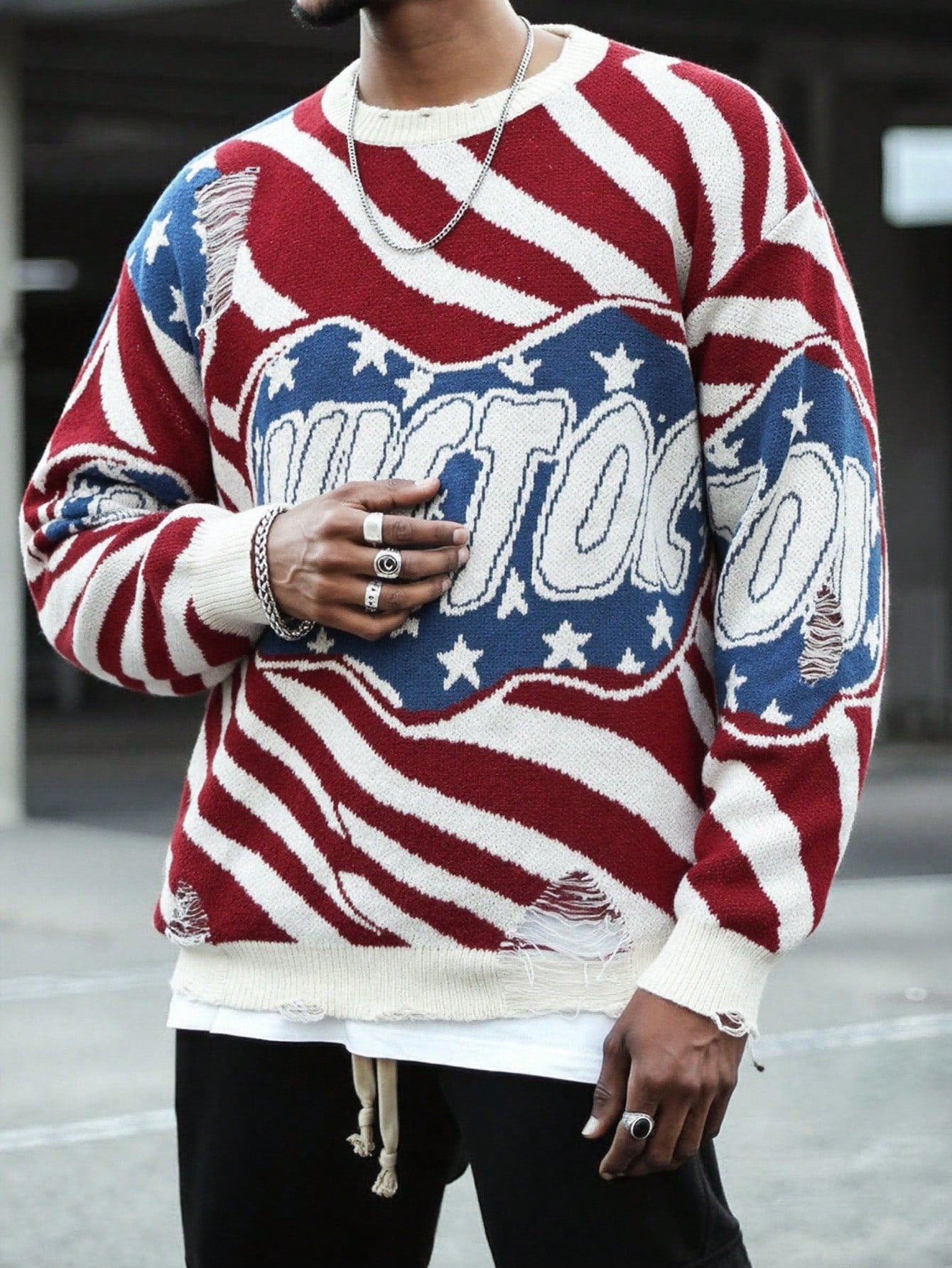 ANDREILEE RIPPED ENGLISH LETTER PULLOVER SWEATER