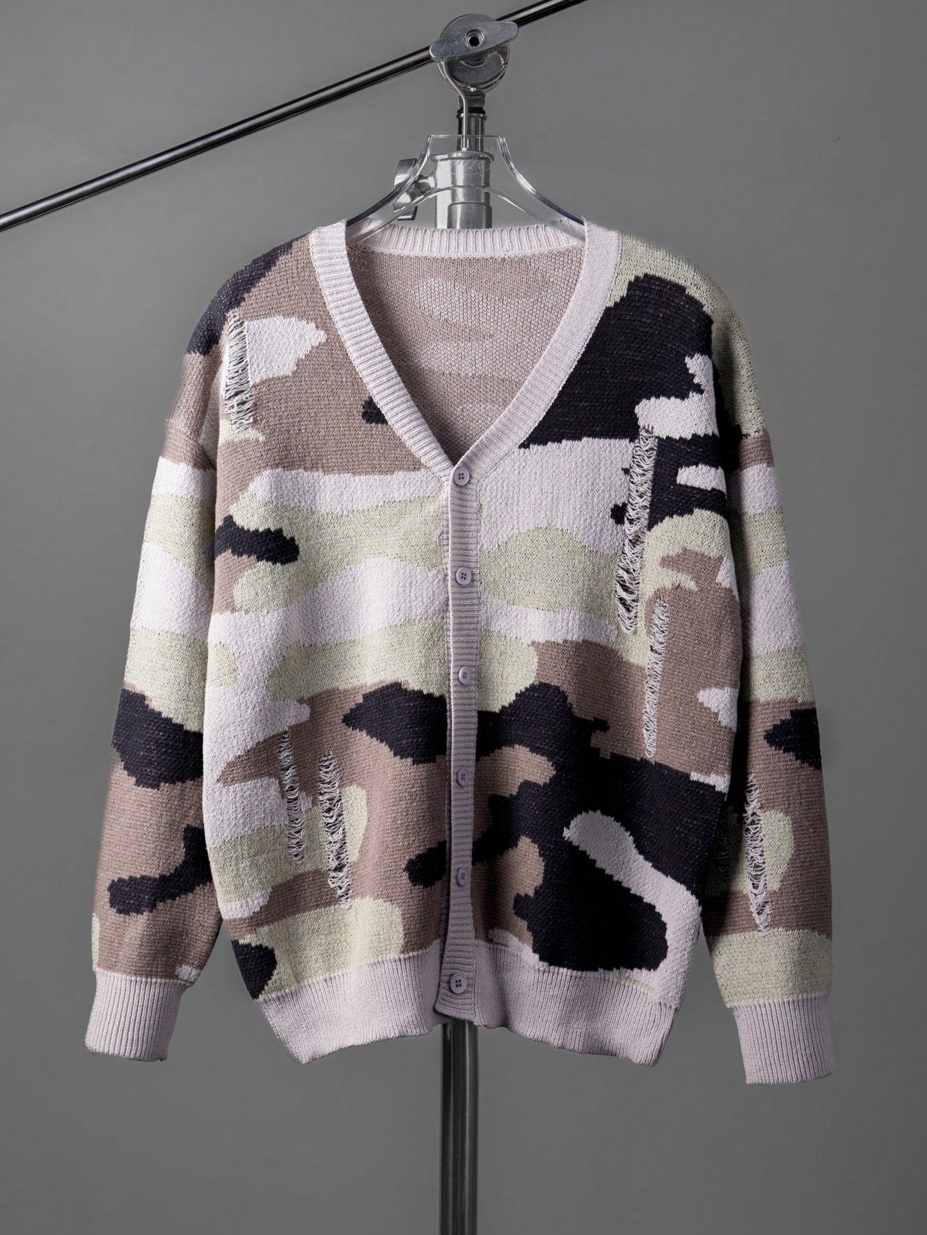 ANDREILEE CAMOUFLAGE RIPPED CARDIGAN SWEATER