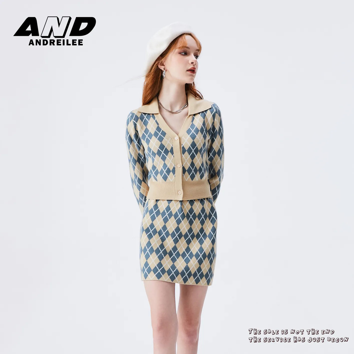 Rhombus Knit Cardigan & Skirt Set