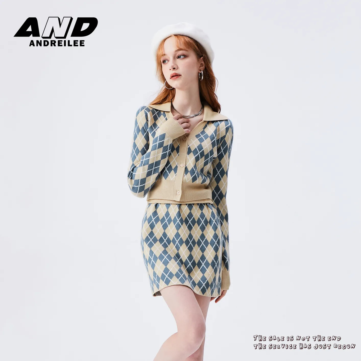 Rhombus Knit Cardigan & Skirt Set