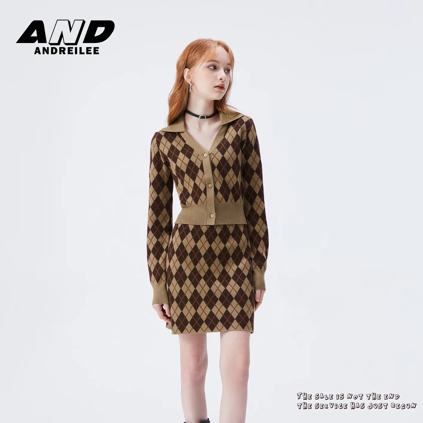 Rhombus Knit Cardigan & Skirt Set