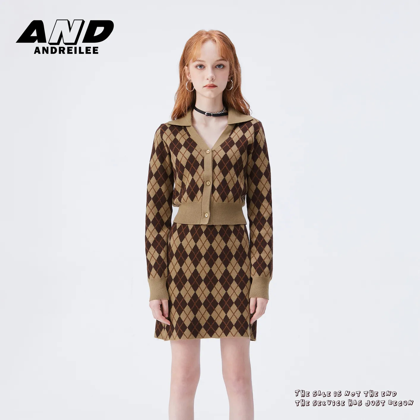 Rhombus Knit Cardigan & Skirt Set