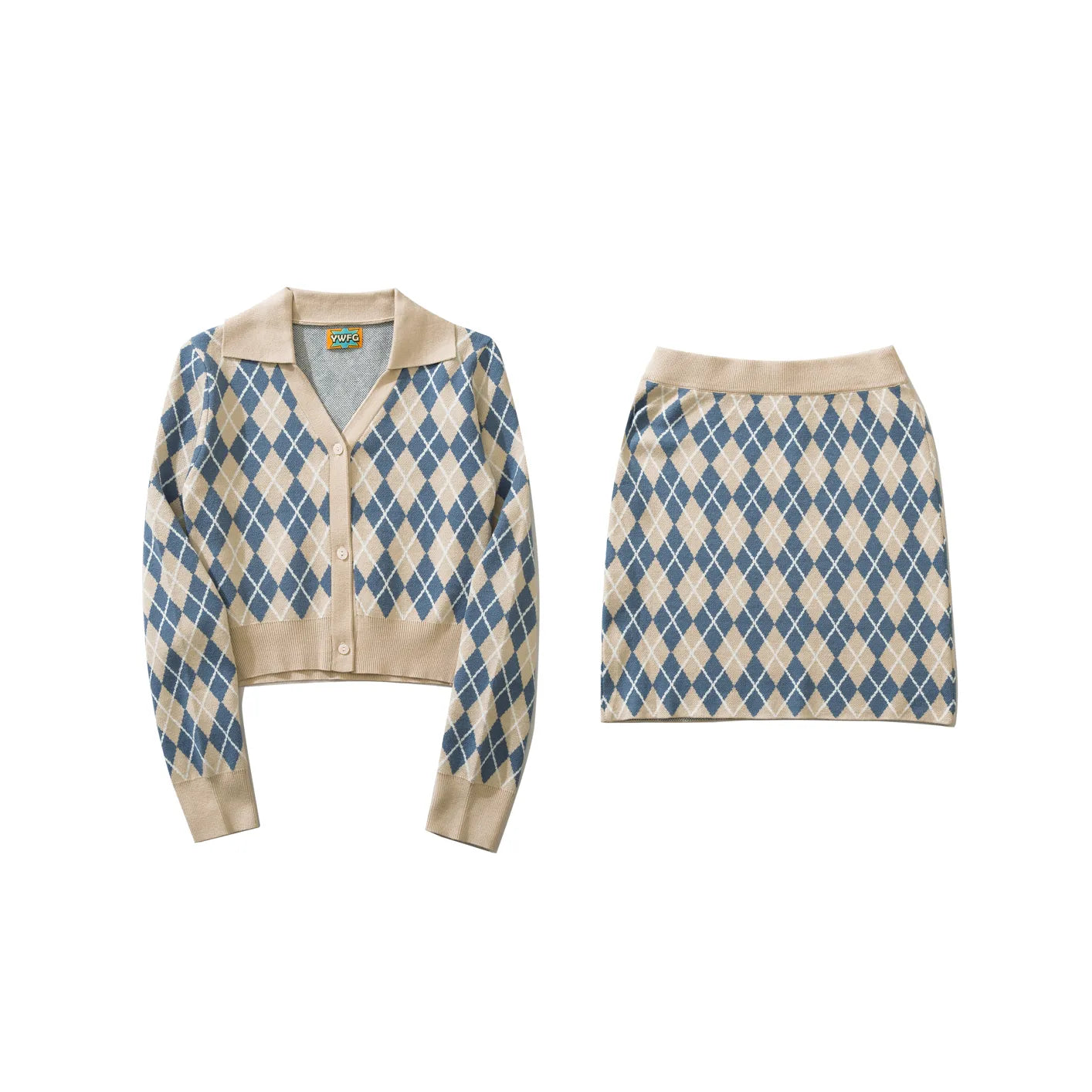 Rhombus Knit Cardigan & Skirt Set